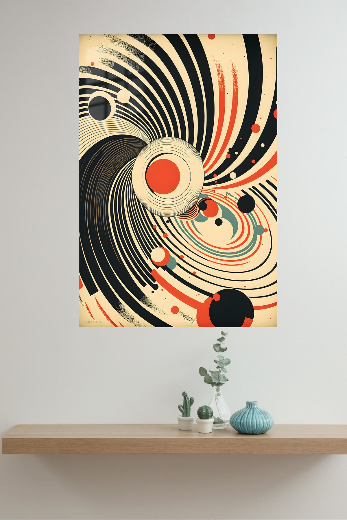 Monochrome Circle Grid metal wall art displayed in a modern interior