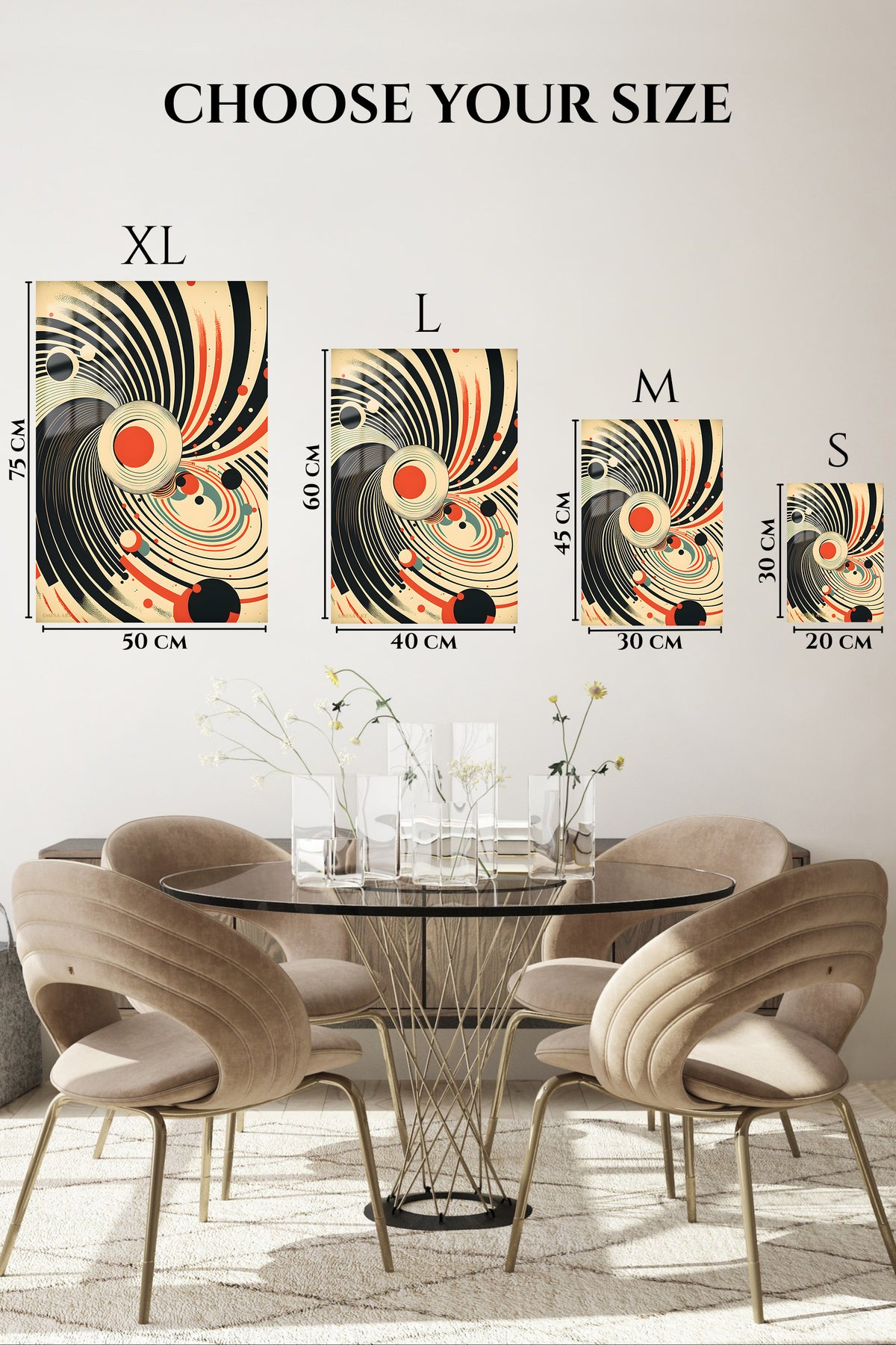 EMESA metal wall art size comparison guide for Monochrome Circle Grid