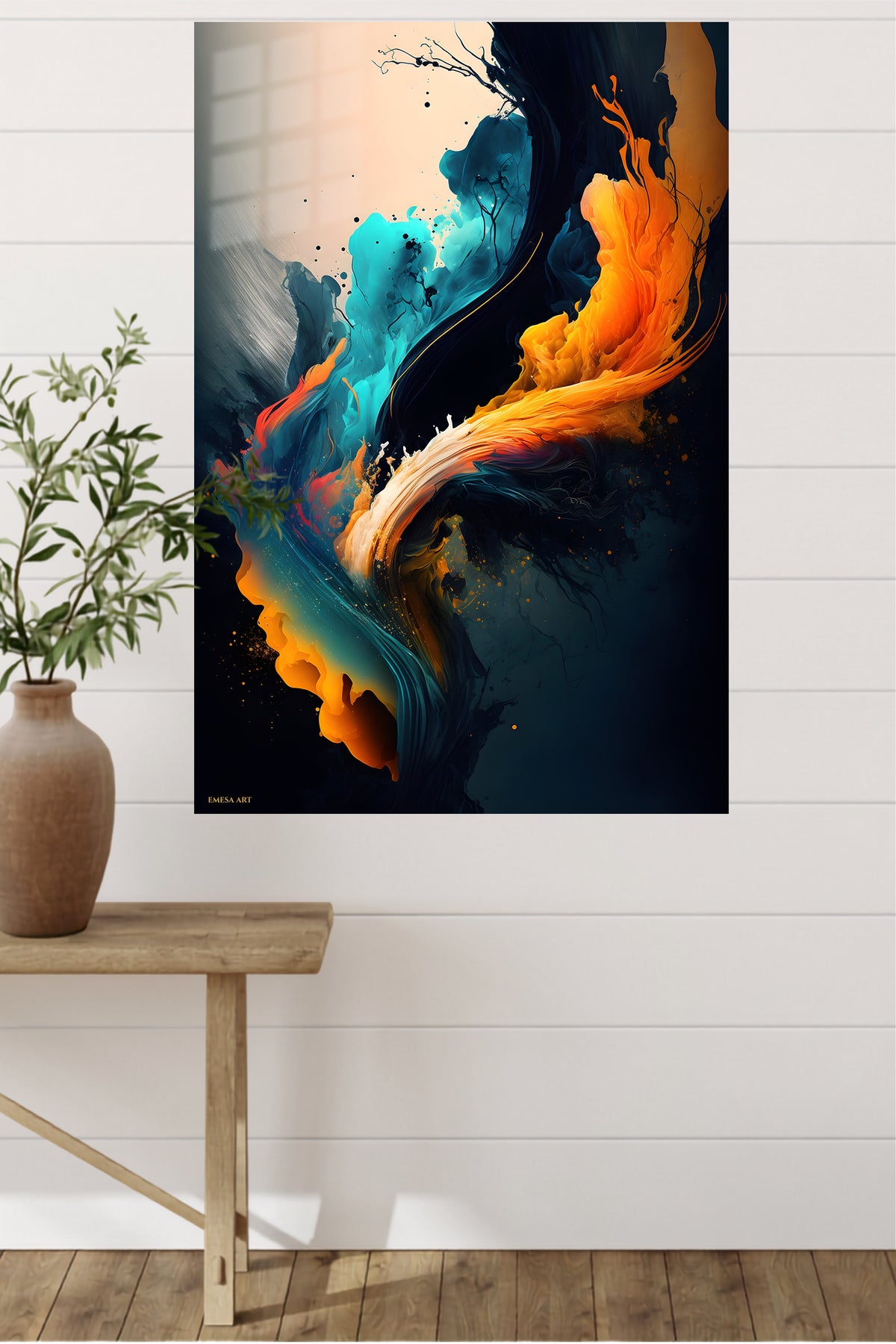 Emerald Frames and Orange Forms metal wall art displayed in a modern interior