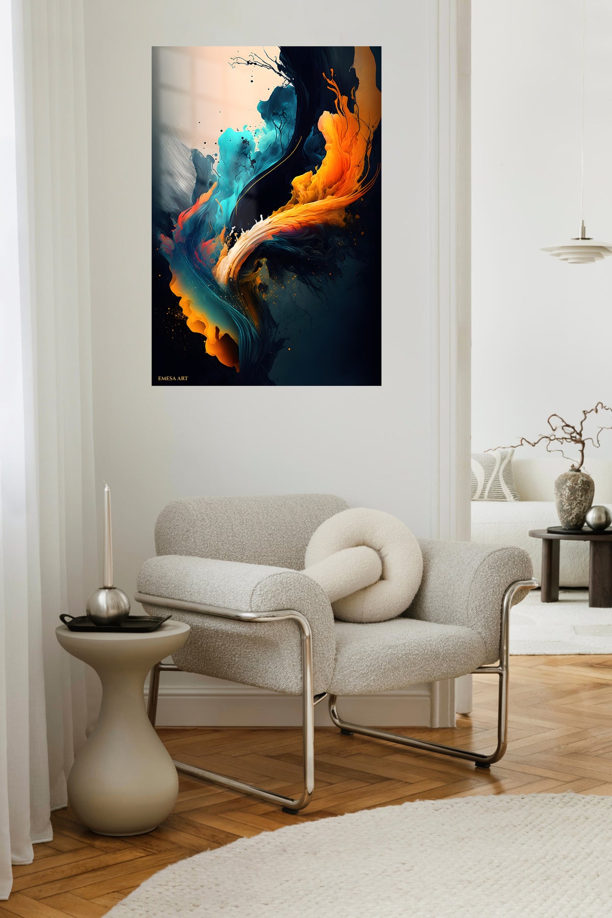 Emerald Frames and Orange Forms metal wall art displayed in a contemporary living space