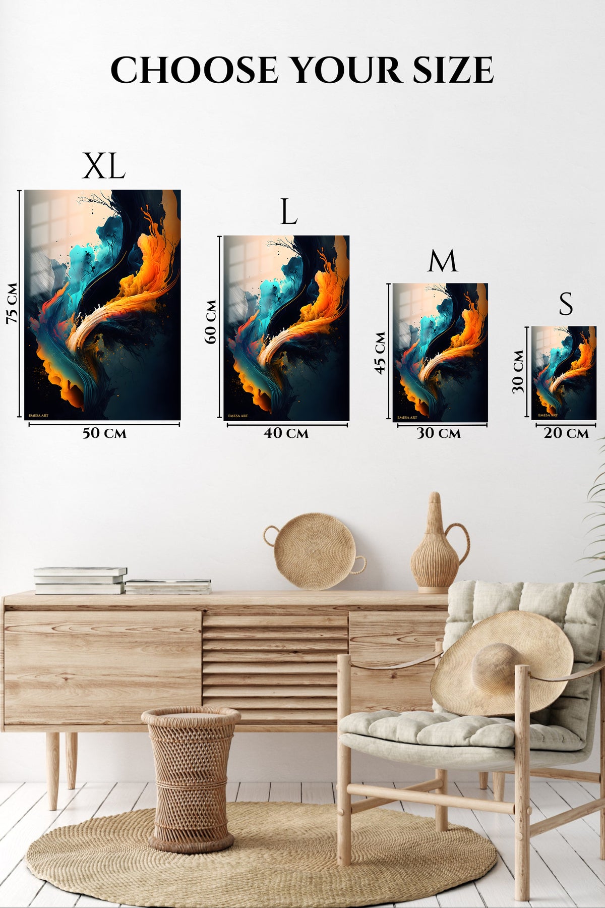 EMESA metal wall art size comparison guide for Emerald Frames and Orange Forms