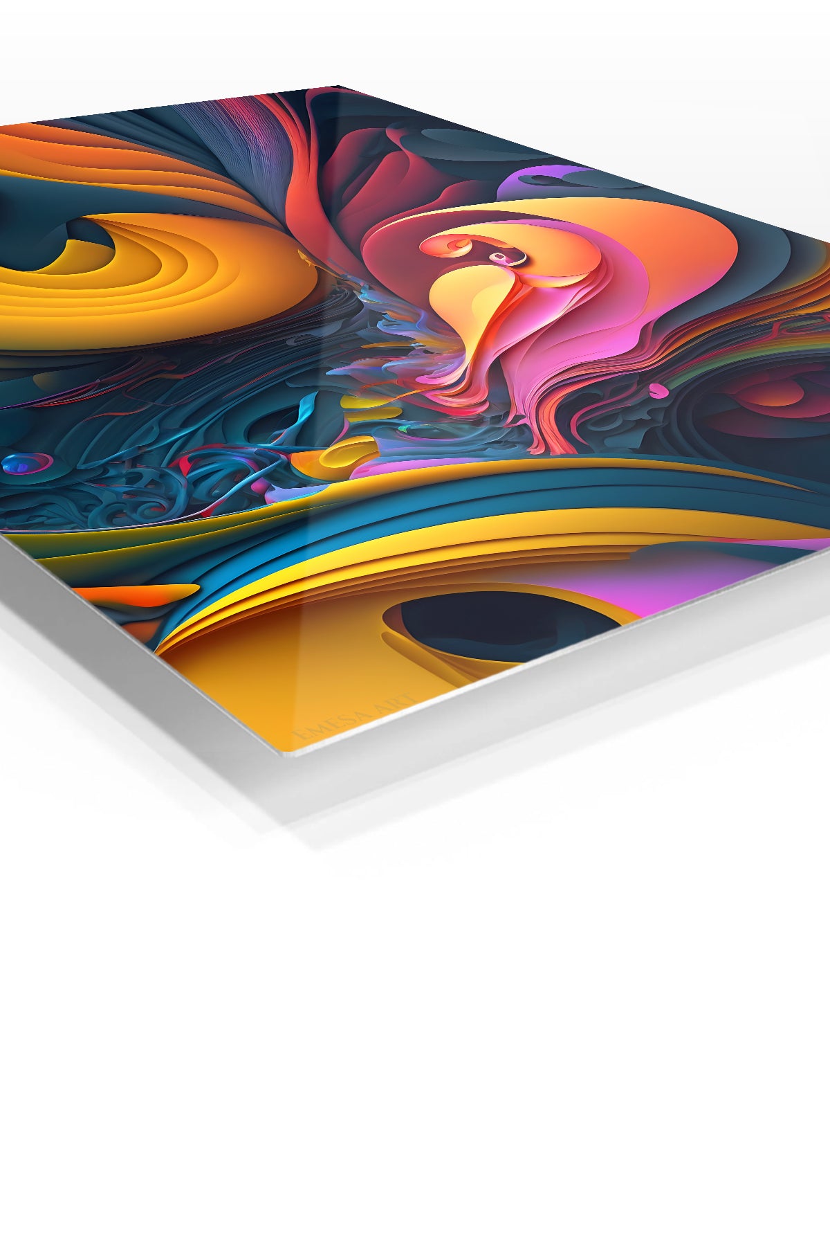 Colorful Floating Triangles premium metal wall art – angled view