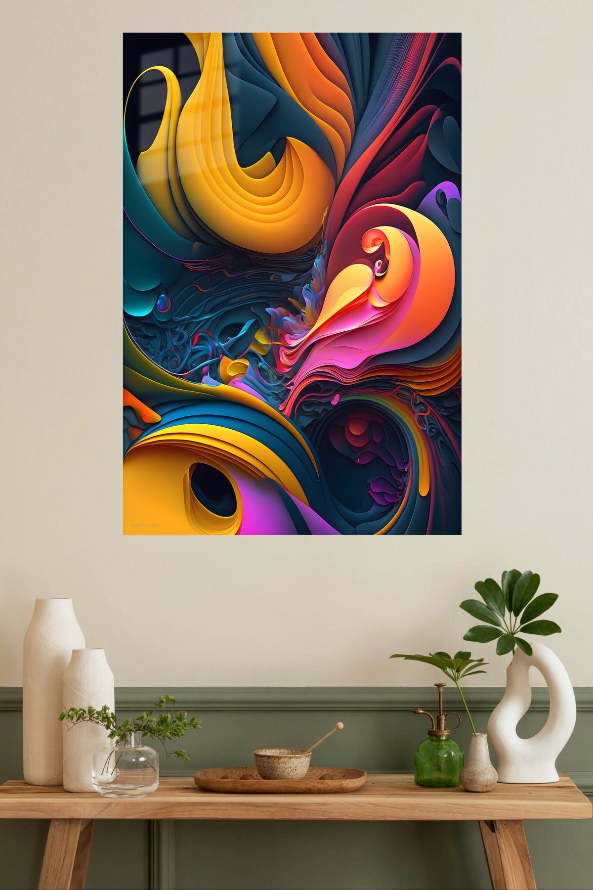 Colorful Floating Triangles metal wall art displayed in a modern interior