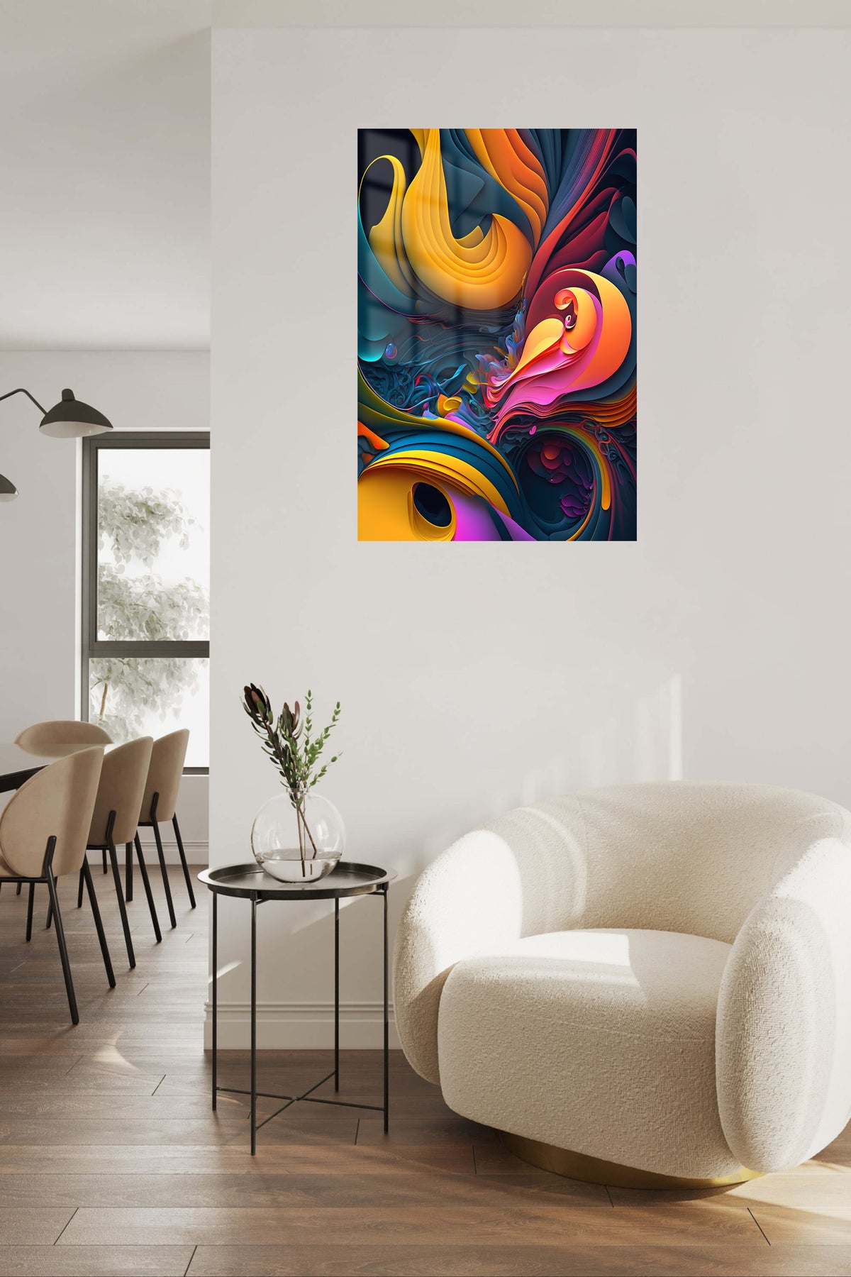 Colorful Floating Triangles metal wall art displayed in a contemporary living space