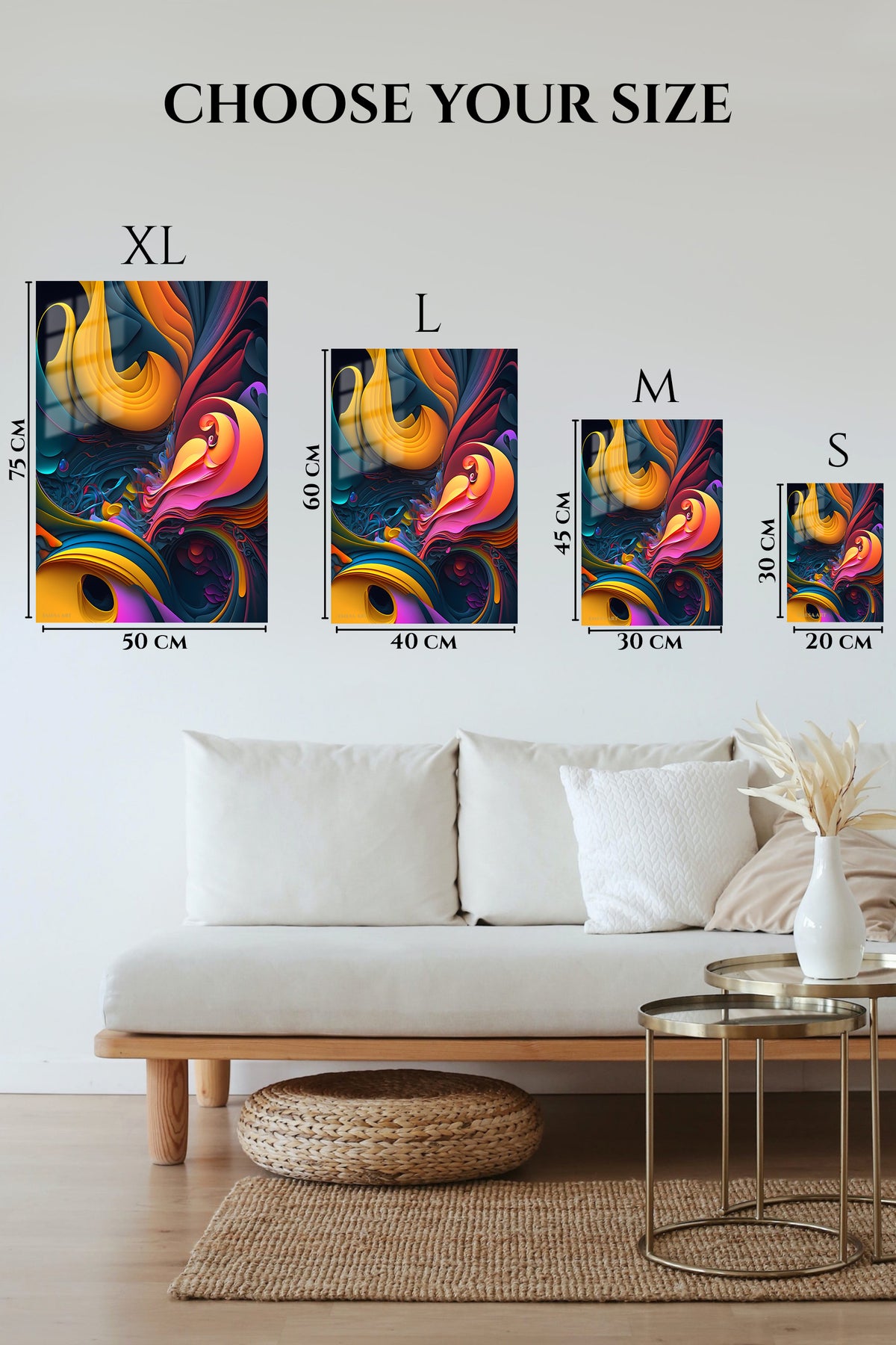 EMESA metal wall art size comparison guide for Colorful Floating Triangles