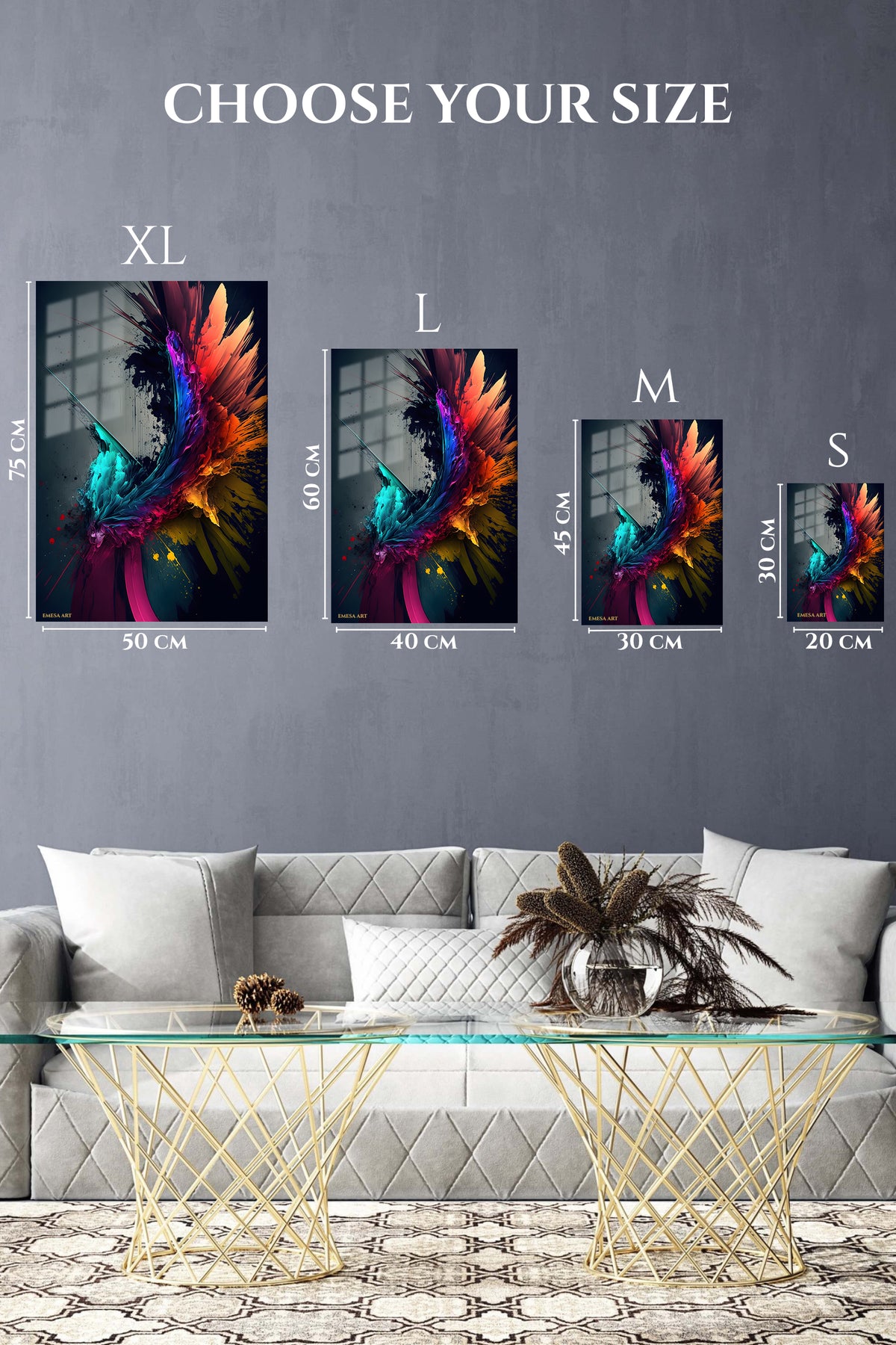 EMESA metal wall art size comparison guide for Fragmented Mountain Reverie