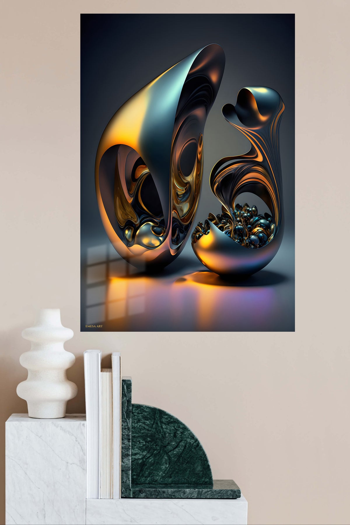 Chromatic Orbit Burst metal wall art displayed in a modern interior
