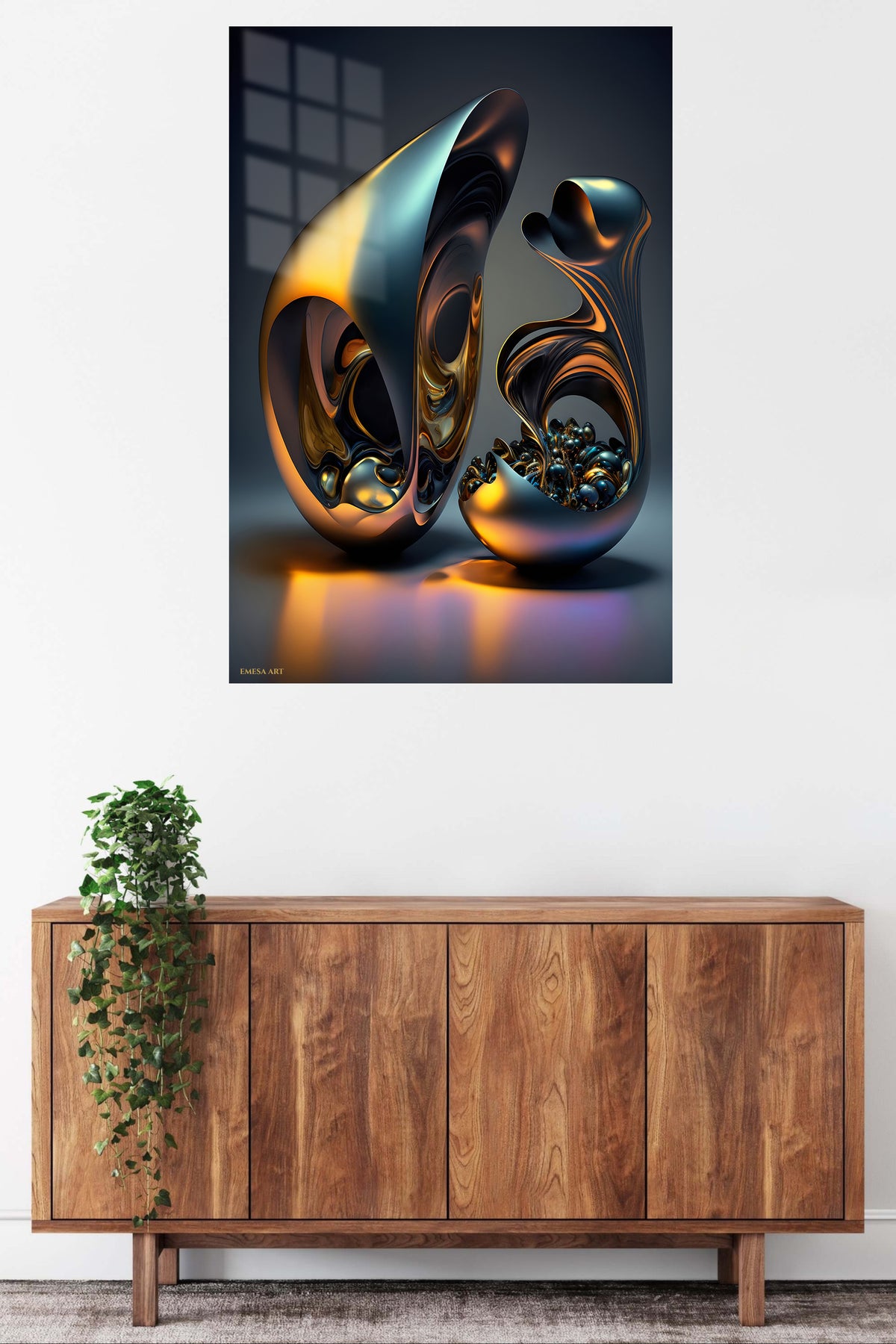 Chromatic Orbit Burst metal wall art displayed in a contemporary living space
