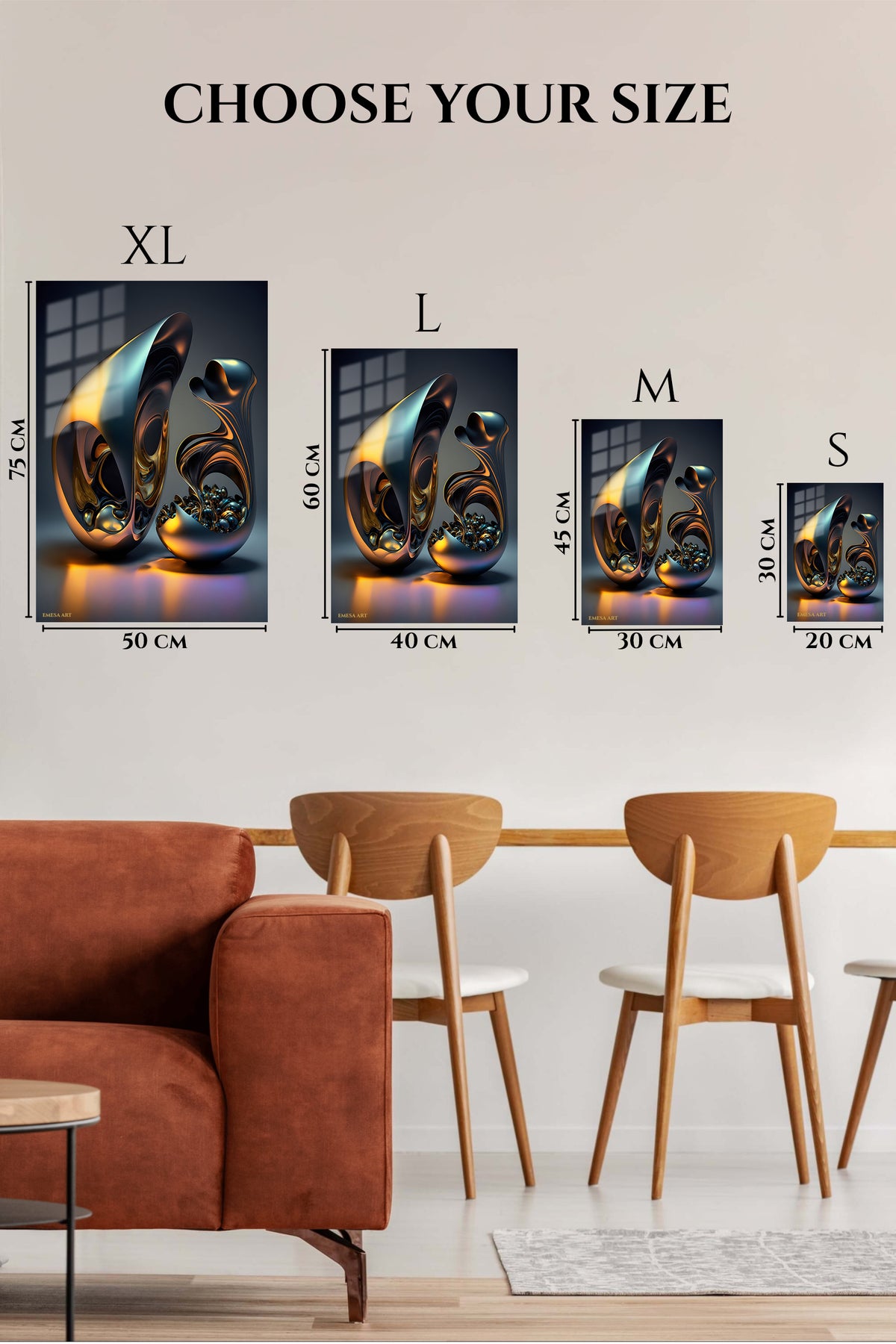 EMESA metal wall art size comparison guide for Chromatic Orbit Burst