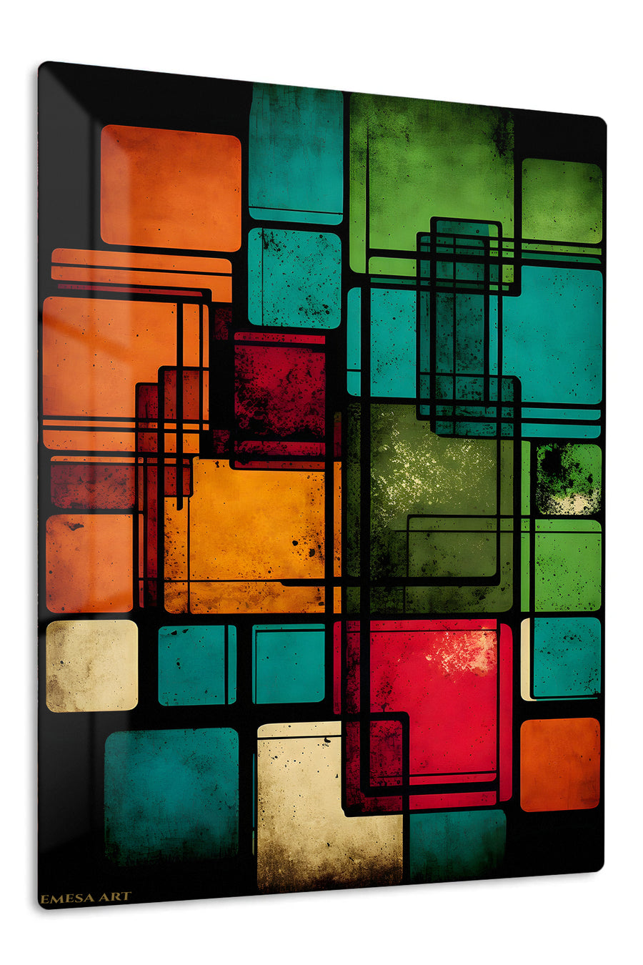 Teal and Amber Geometric Rupture premium metal wall art – front view