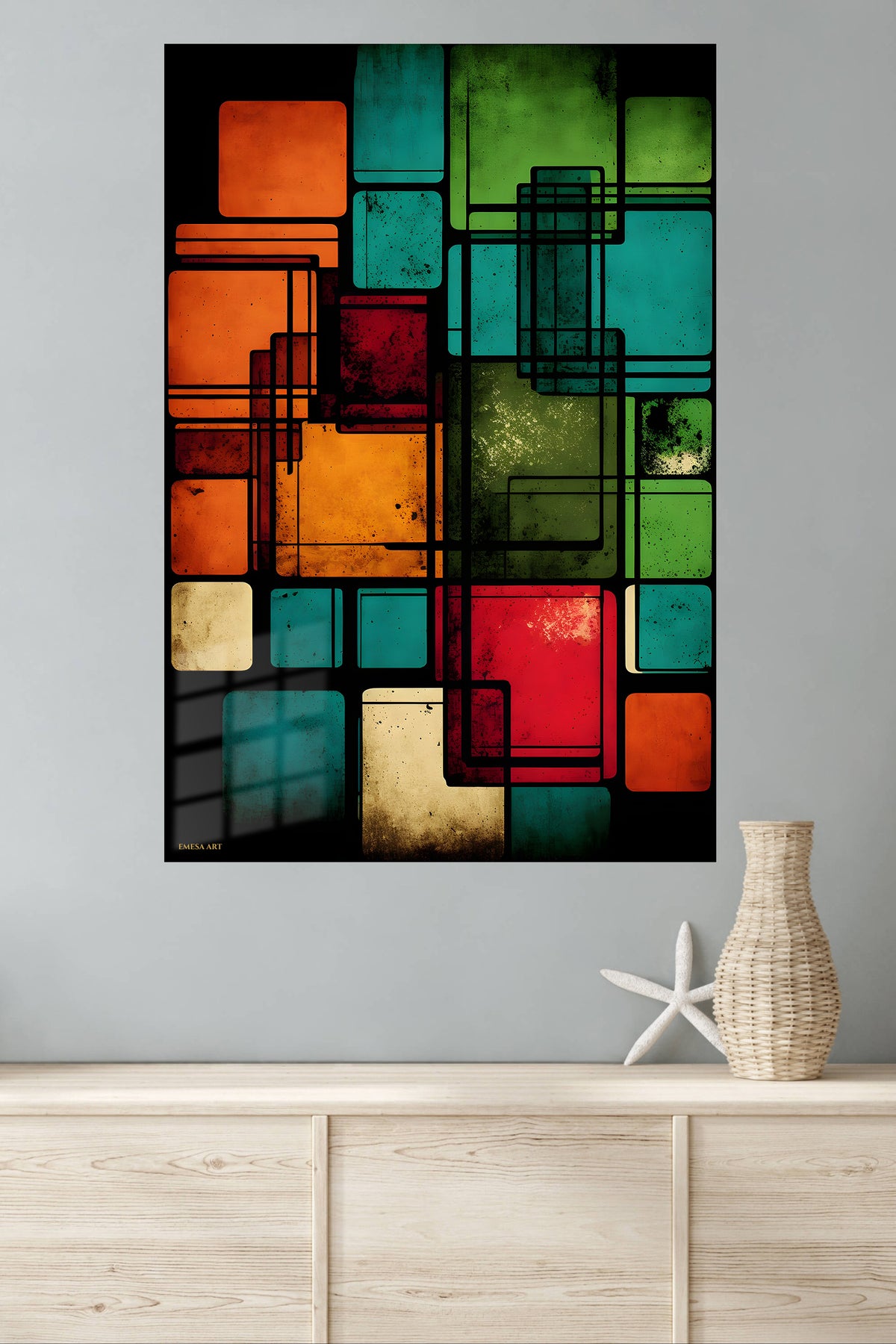 Teal and Amber Geometric Rupture metal wall art displayed in a modern interior