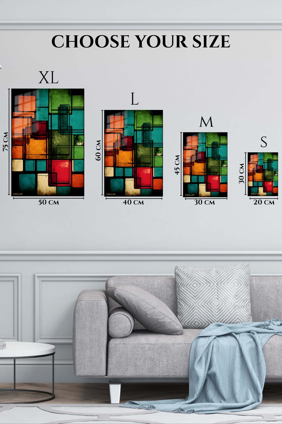 EMESA metal wall art size comparison guide for Teal and Amber Geometric Rupture