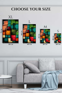 EMESA metal wall art size comparison guide for Teal and Amber Geometric Rupture
