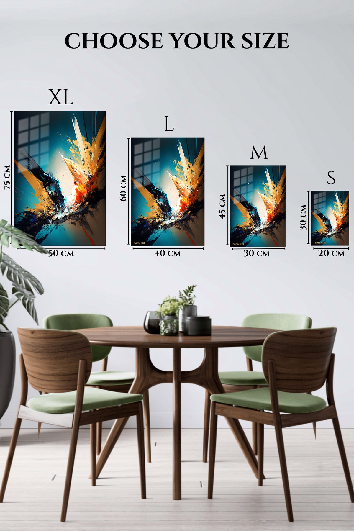 EMESA metal wall art size comparison guide for Textured Triangle Mosaic