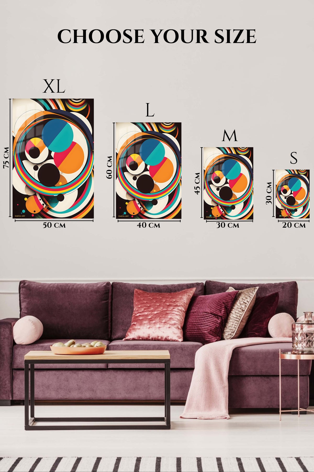 EMESA metal wall art size comparison guide for Distressed Geometric Triangle Composition
