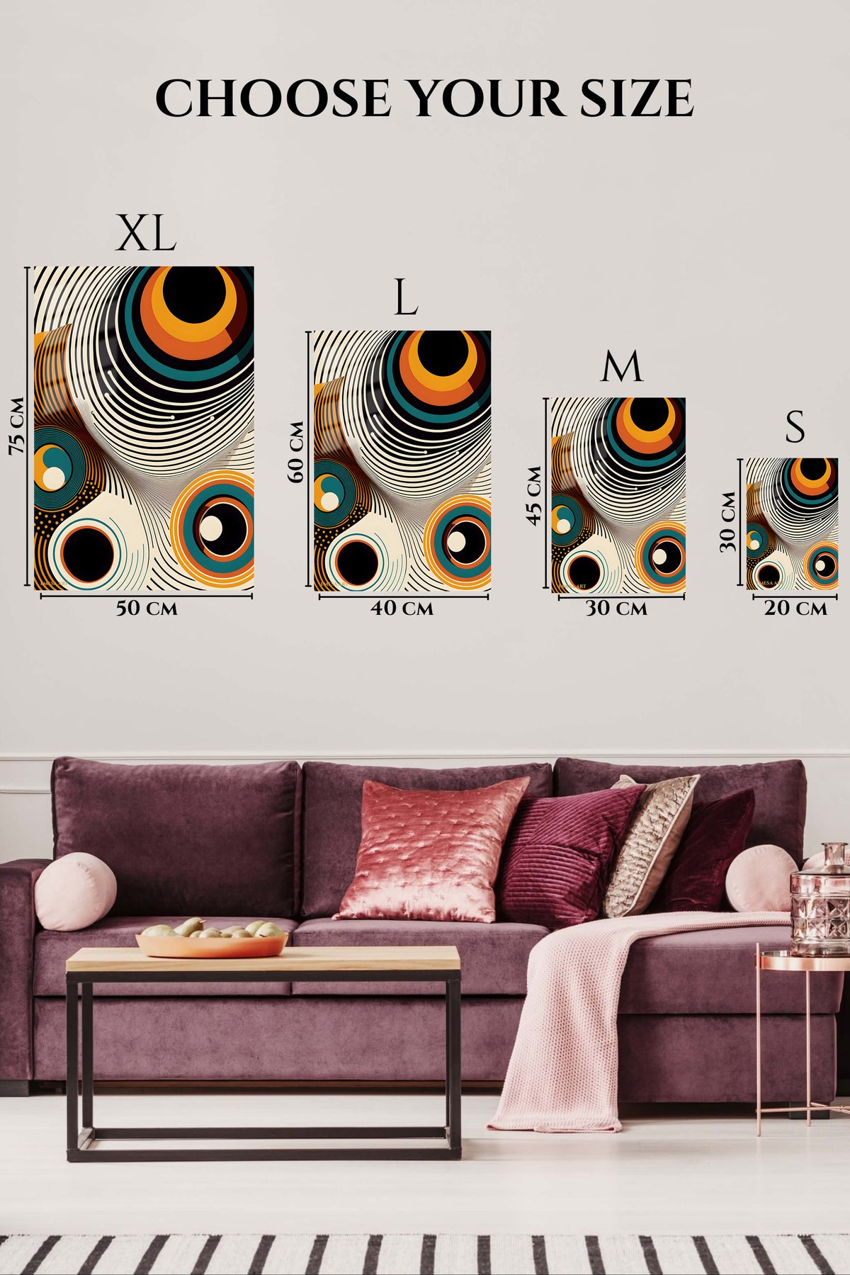 EMESA metal wall art size comparison guide for Golden Nested Geometry