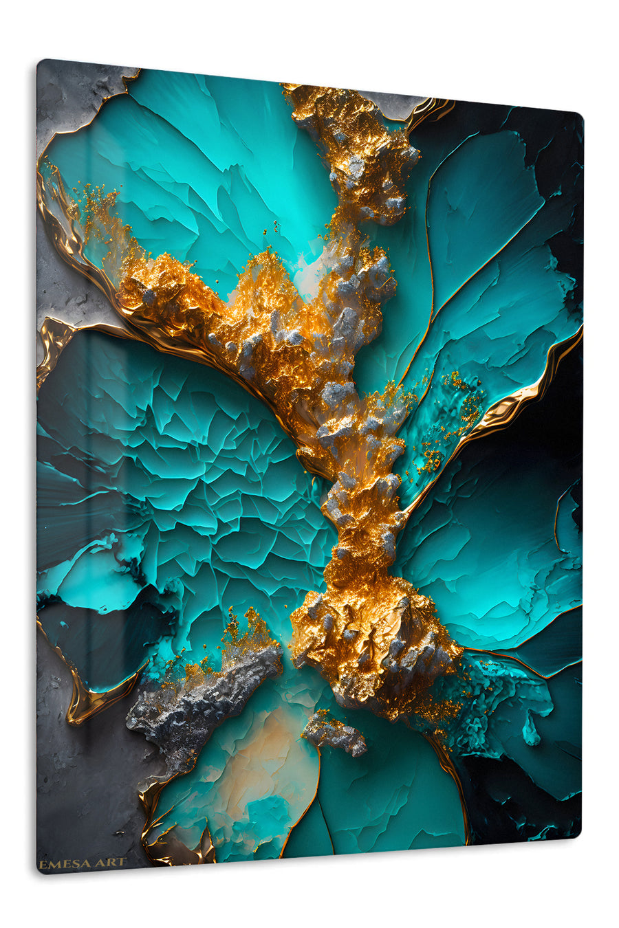 Teal and Gold Velocity premium metal wall art – front view