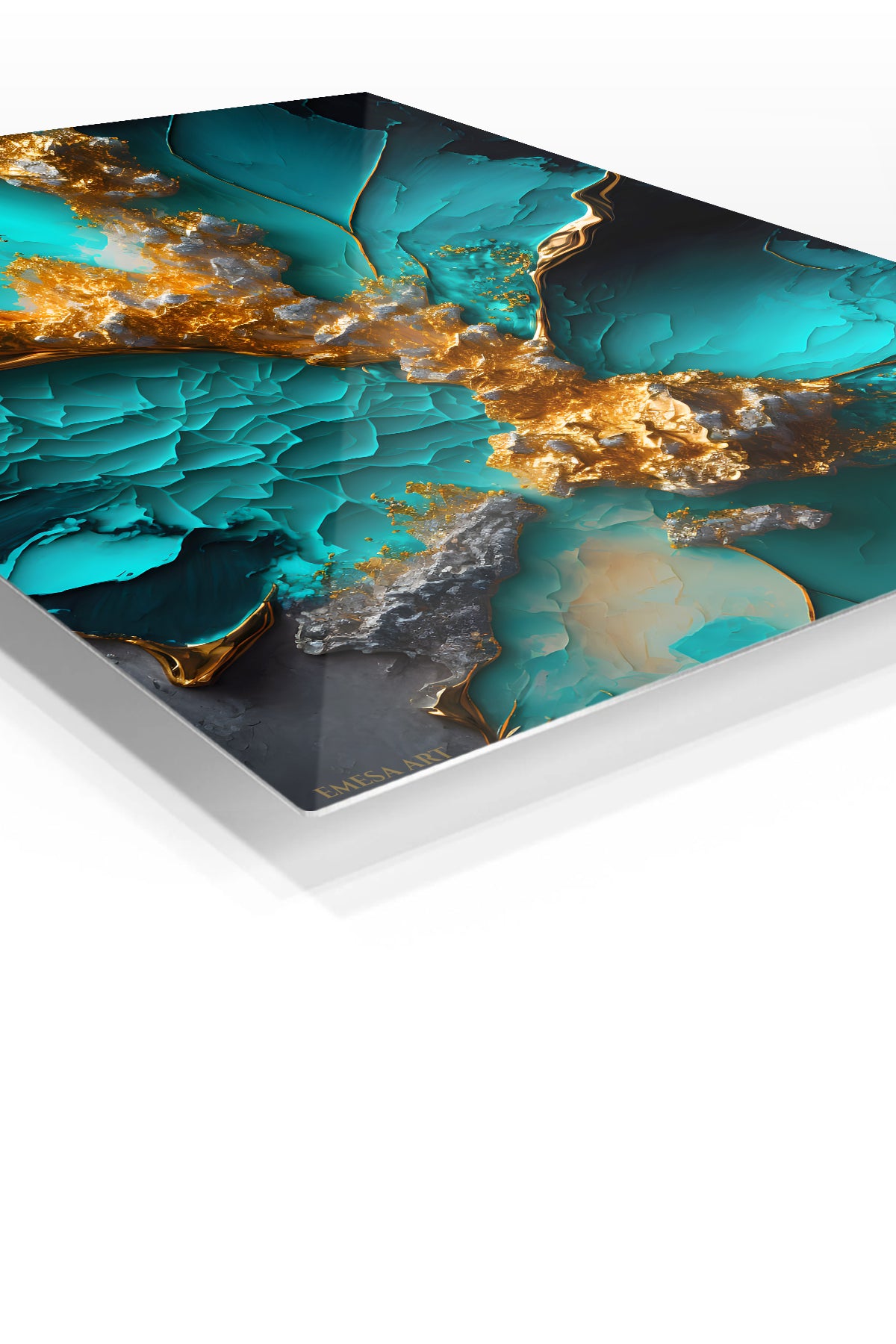 Teal and Gold Velocity premium metal wall art – angled view