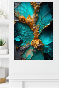 Teal and Gold Velocity metal wall art displayed in a modern interior