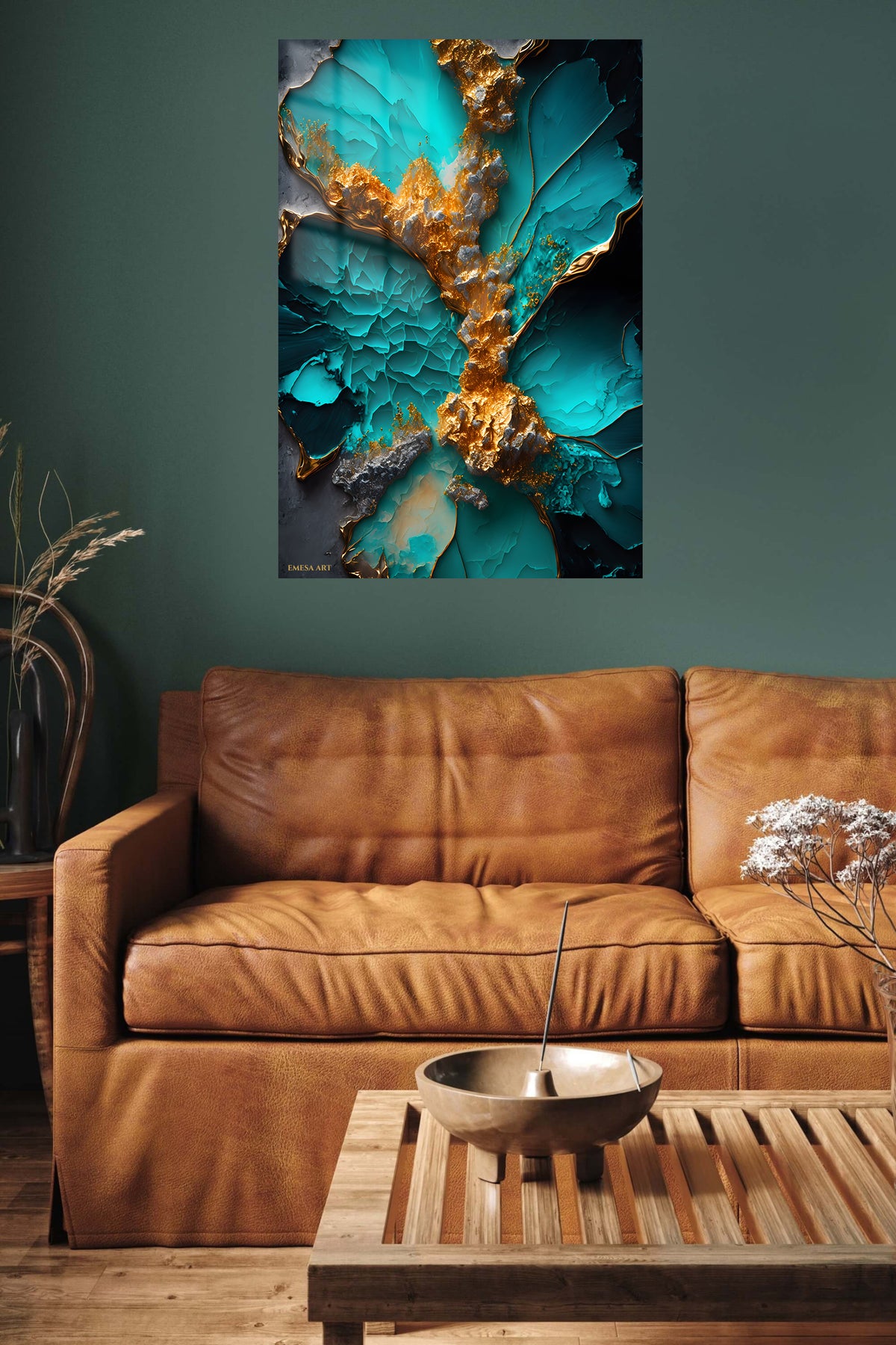 Teal and Gold Velocity metal wall art displayed in a contemporary living space