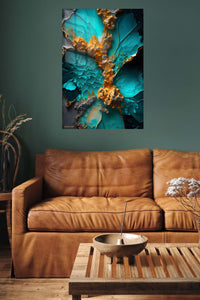 Teal and Gold Velocity metal wall art displayed in a contemporary living space