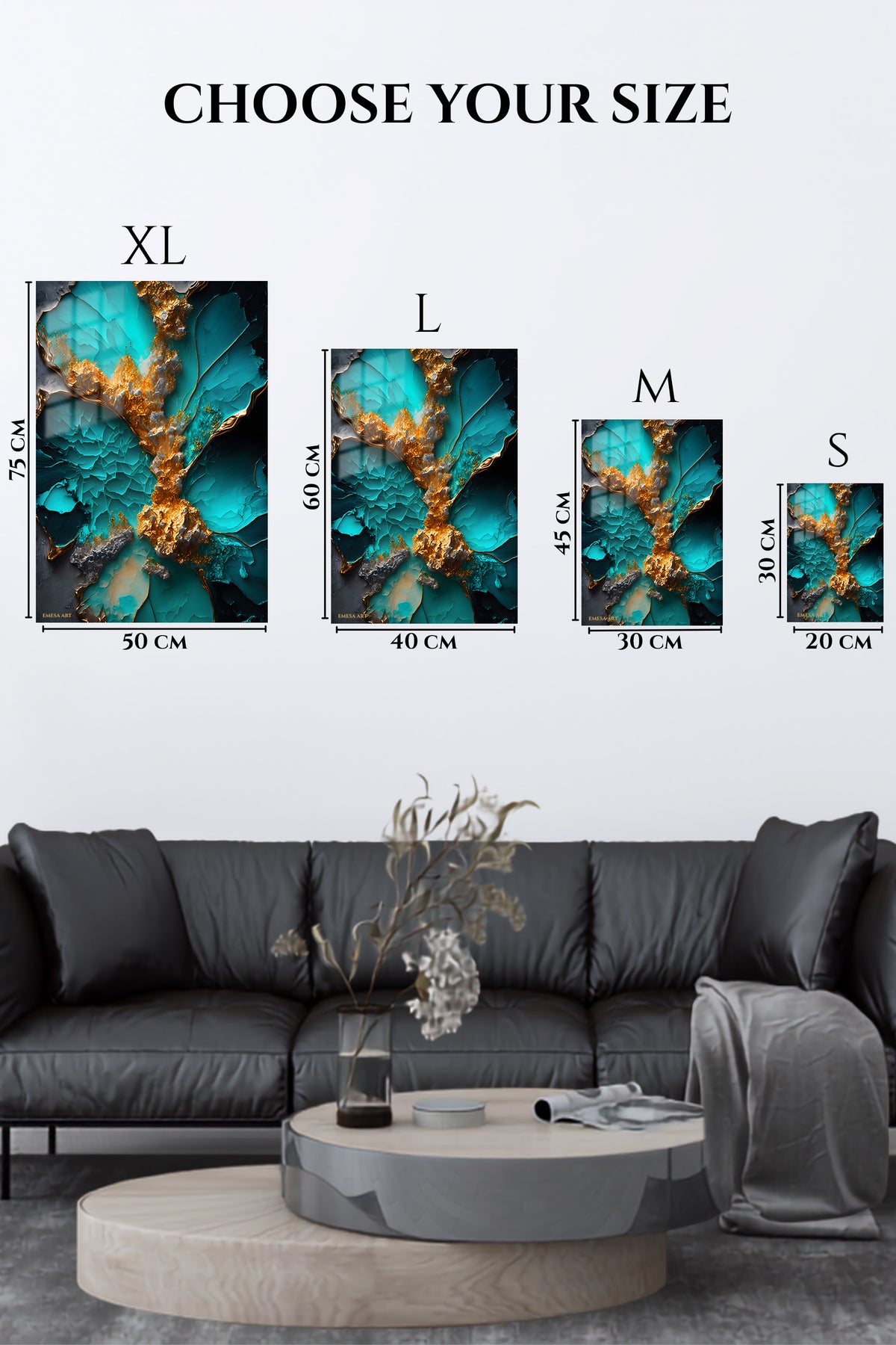 EMESA metal wall art size comparison guide for Teal and Gold Velocity