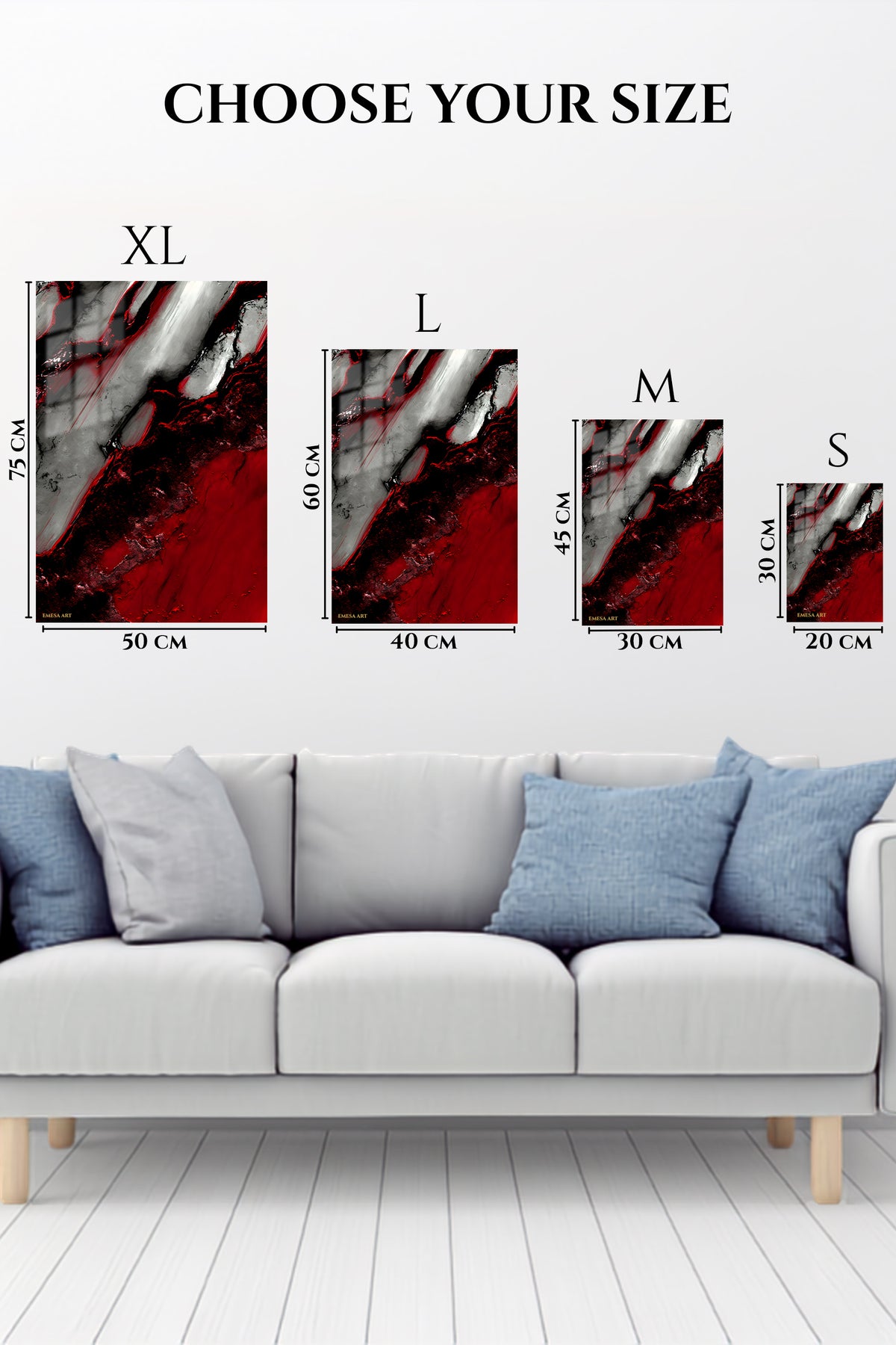 EMESA metal wall art size comparison guide for Balanced Triangle Mosaic
