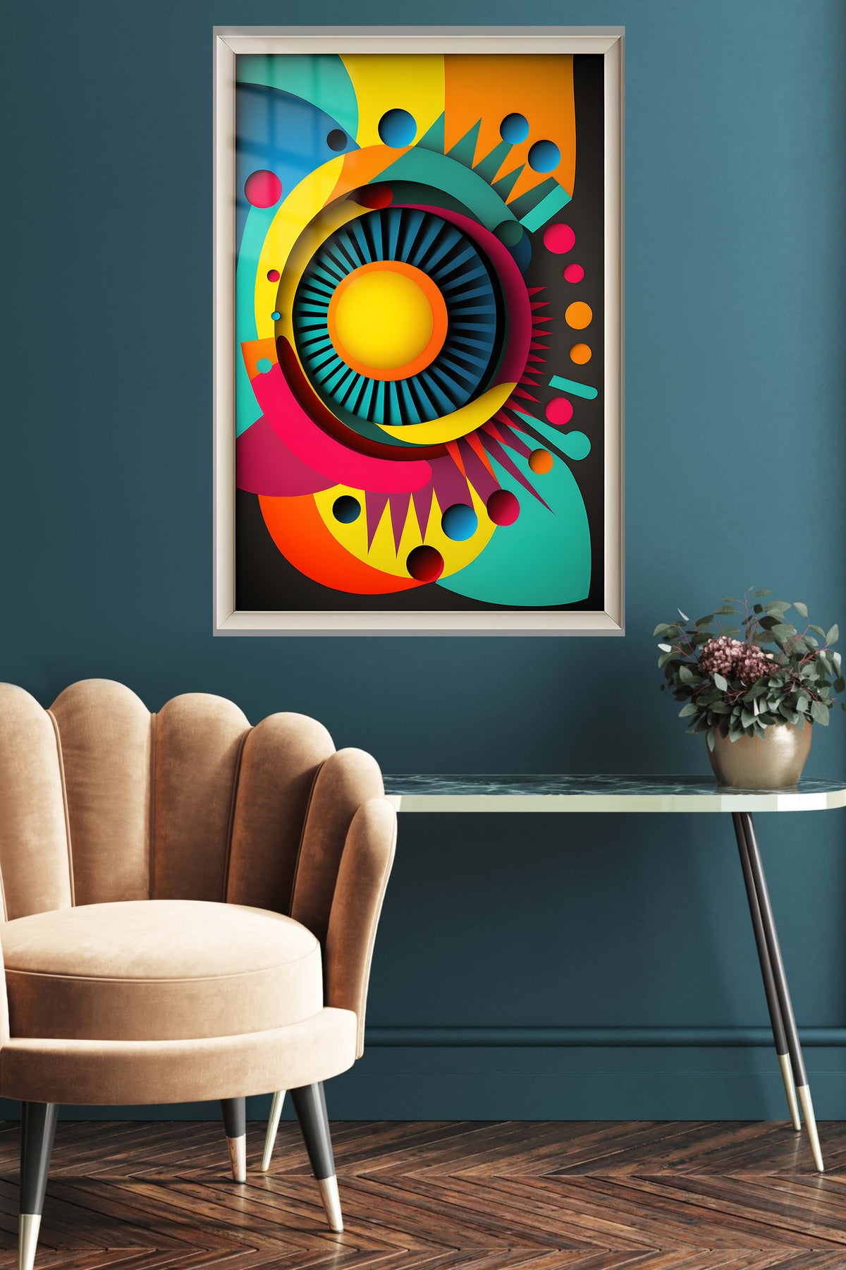 Prismatic Triangle Mosaic metal wall art displayed in a contemporary living space