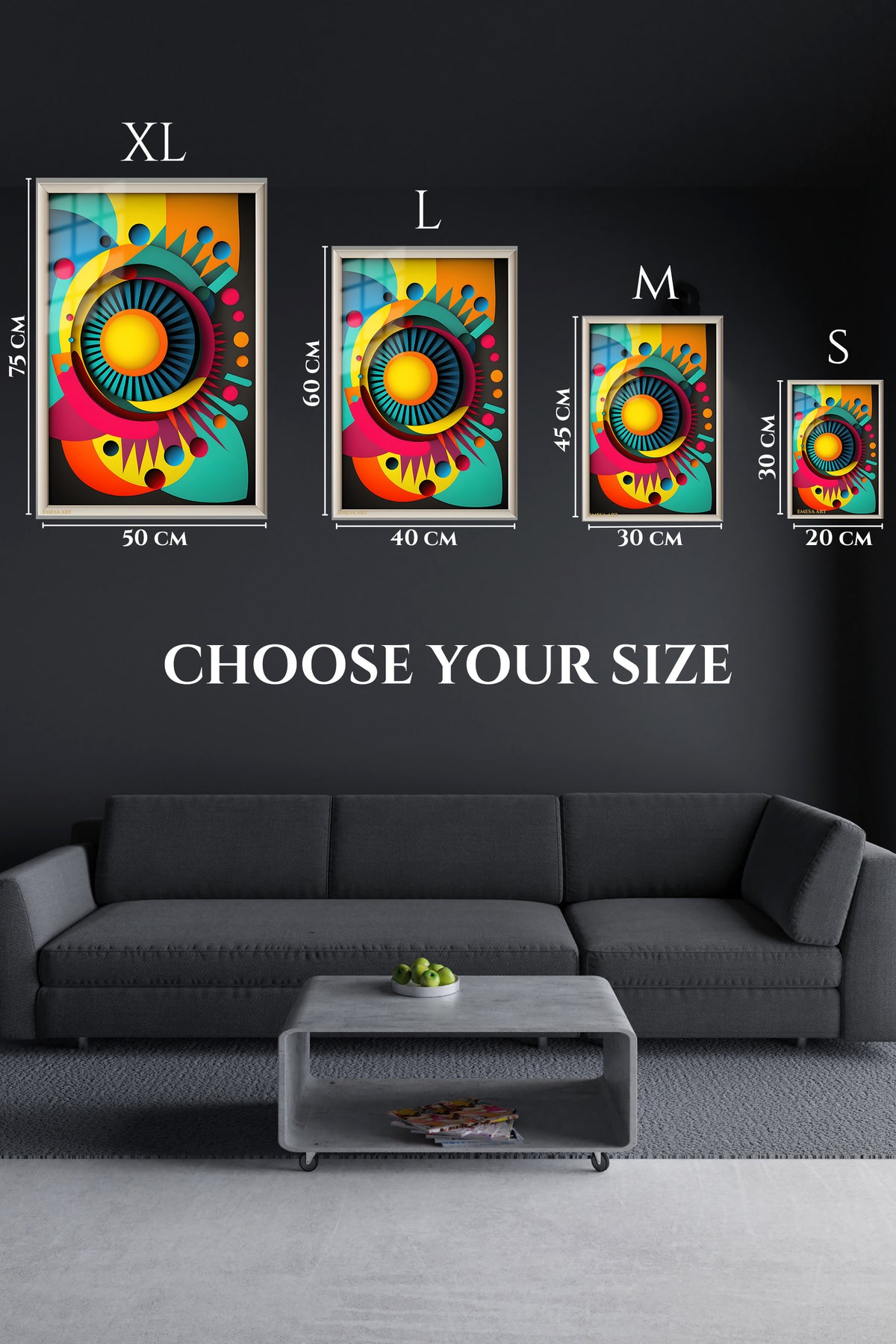 EMESA metal wall art size comparison guide for Prismatic Triangle Mosaic
