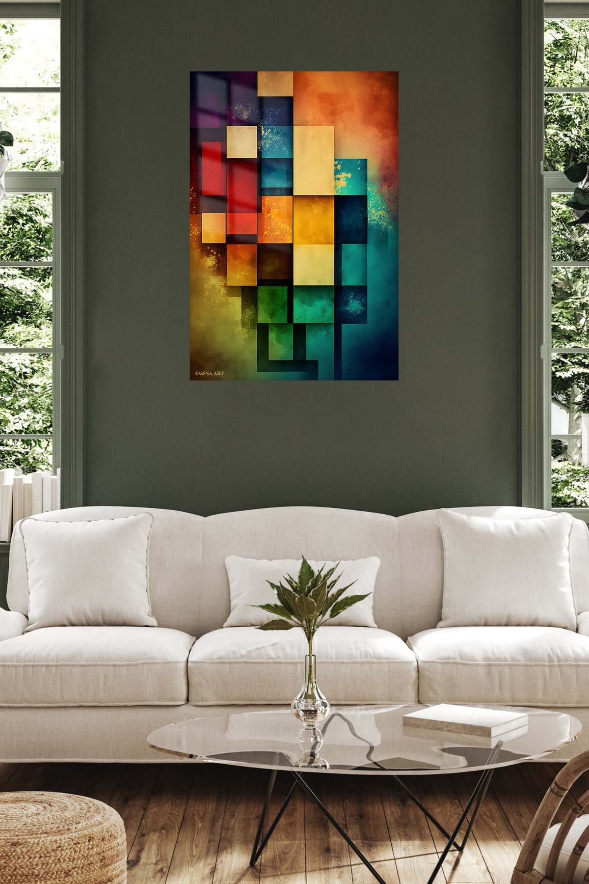 Celestial Geometric Balance metal wall art displayed in a contemporary living space