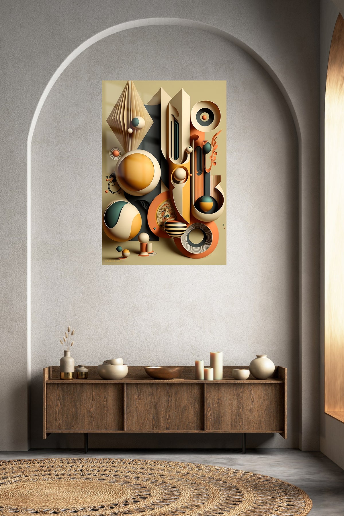 Celestial Geometric Balance metal wall art displayed in a contemporary living space