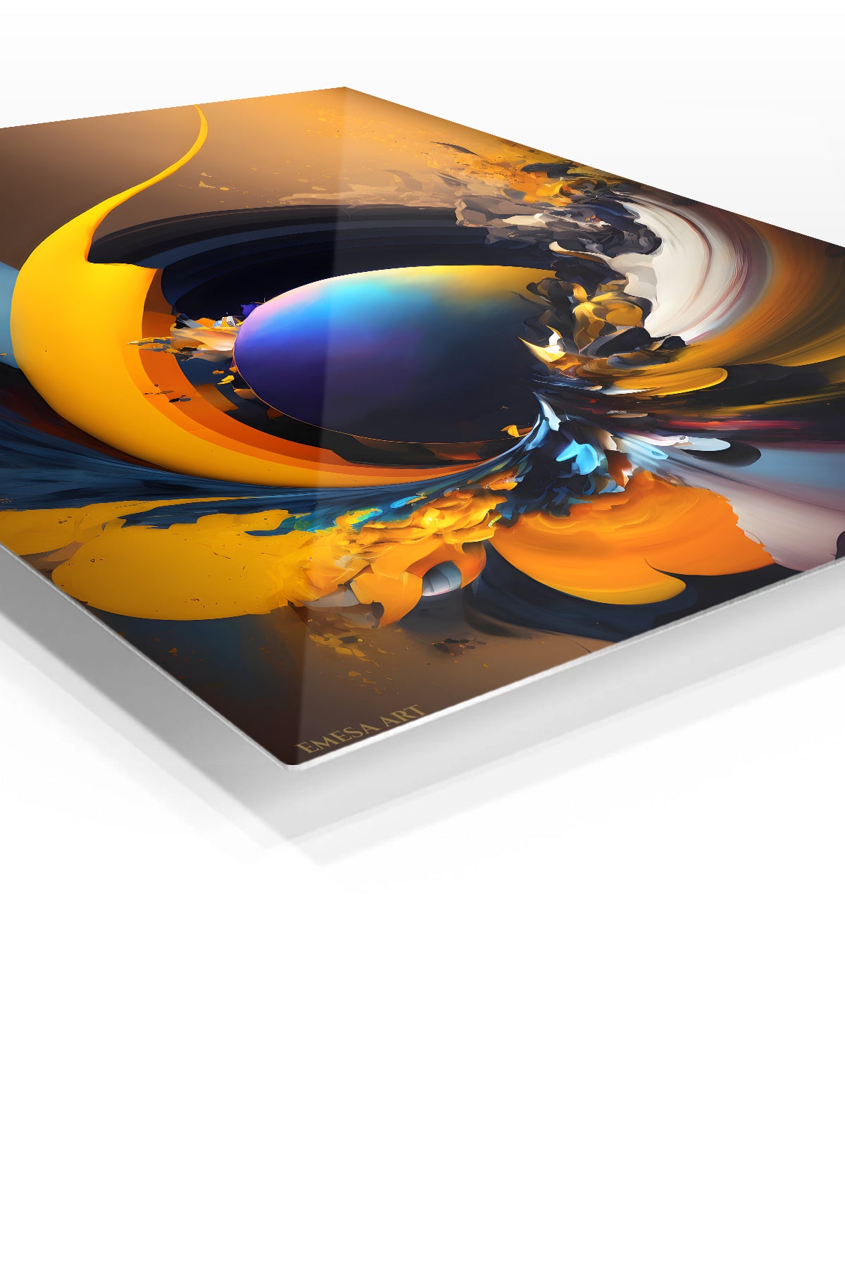 Retro Geometric Orbit premium metal wall art – angled view