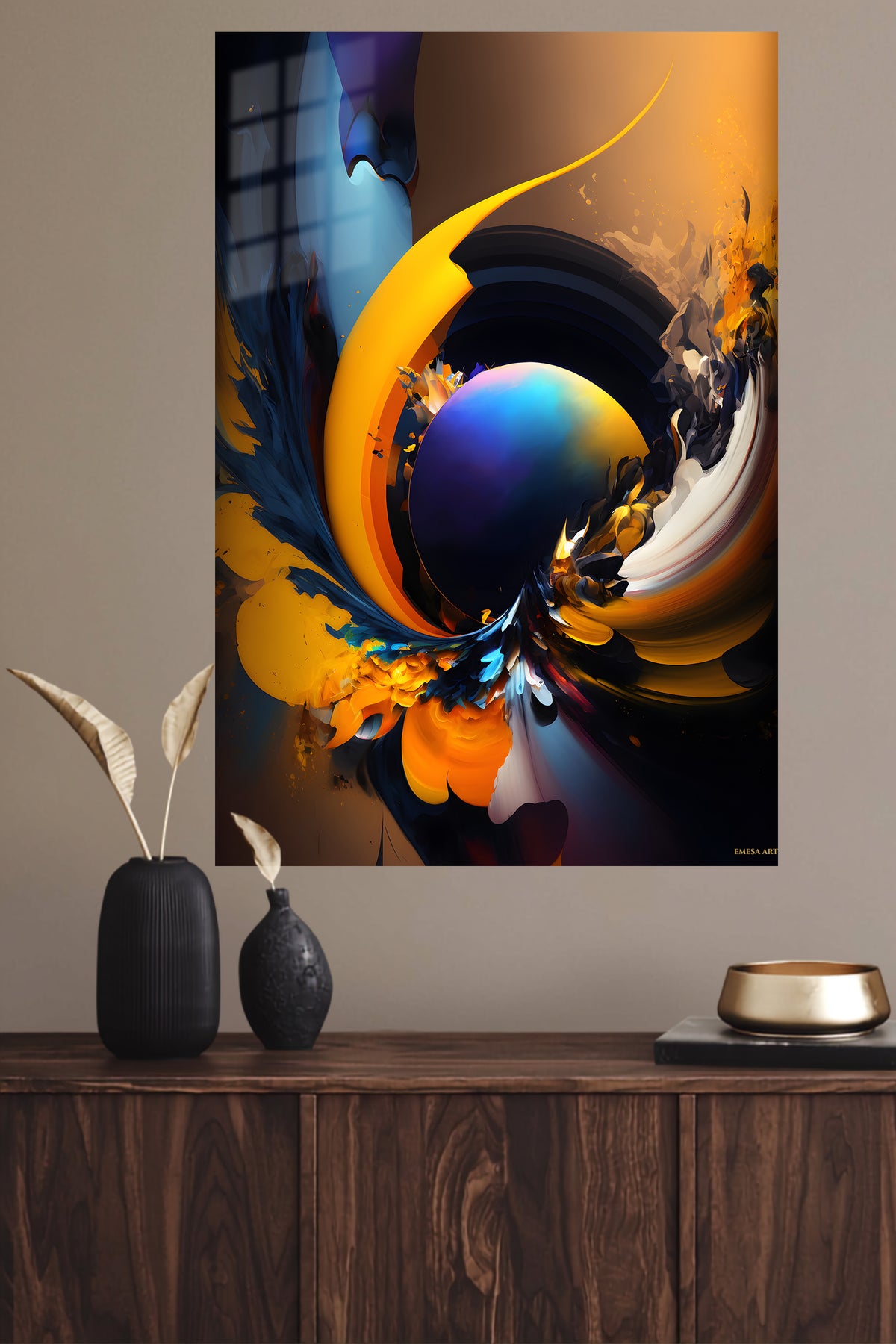 Retro Geometric Orbit metal wall art displayed in a modern interior