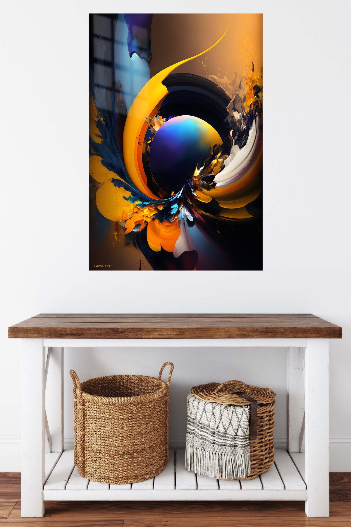 Retro Geometric Orbit metal wall art displayed in a contemporary living space