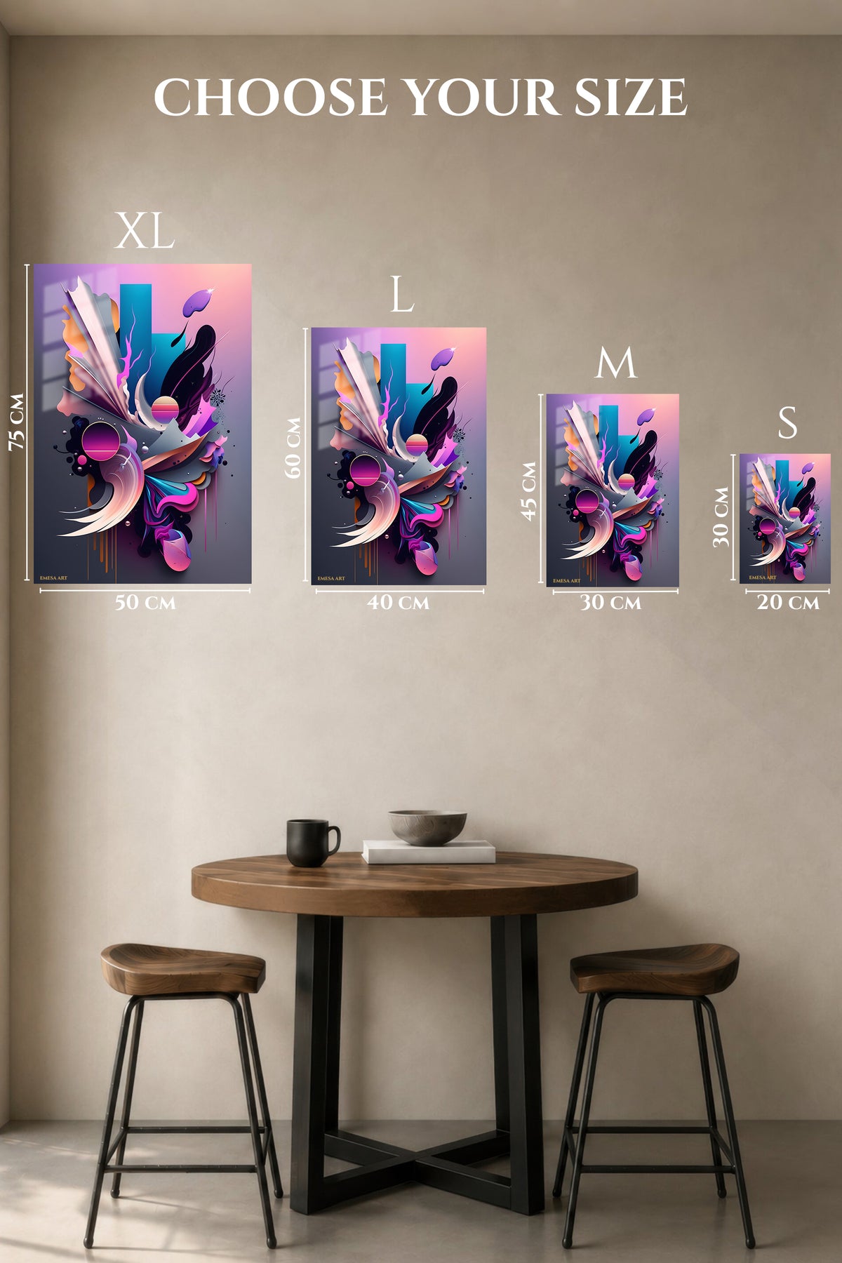 EMESA metal wall art size comparison guide for Crimson and Cyan Fracture