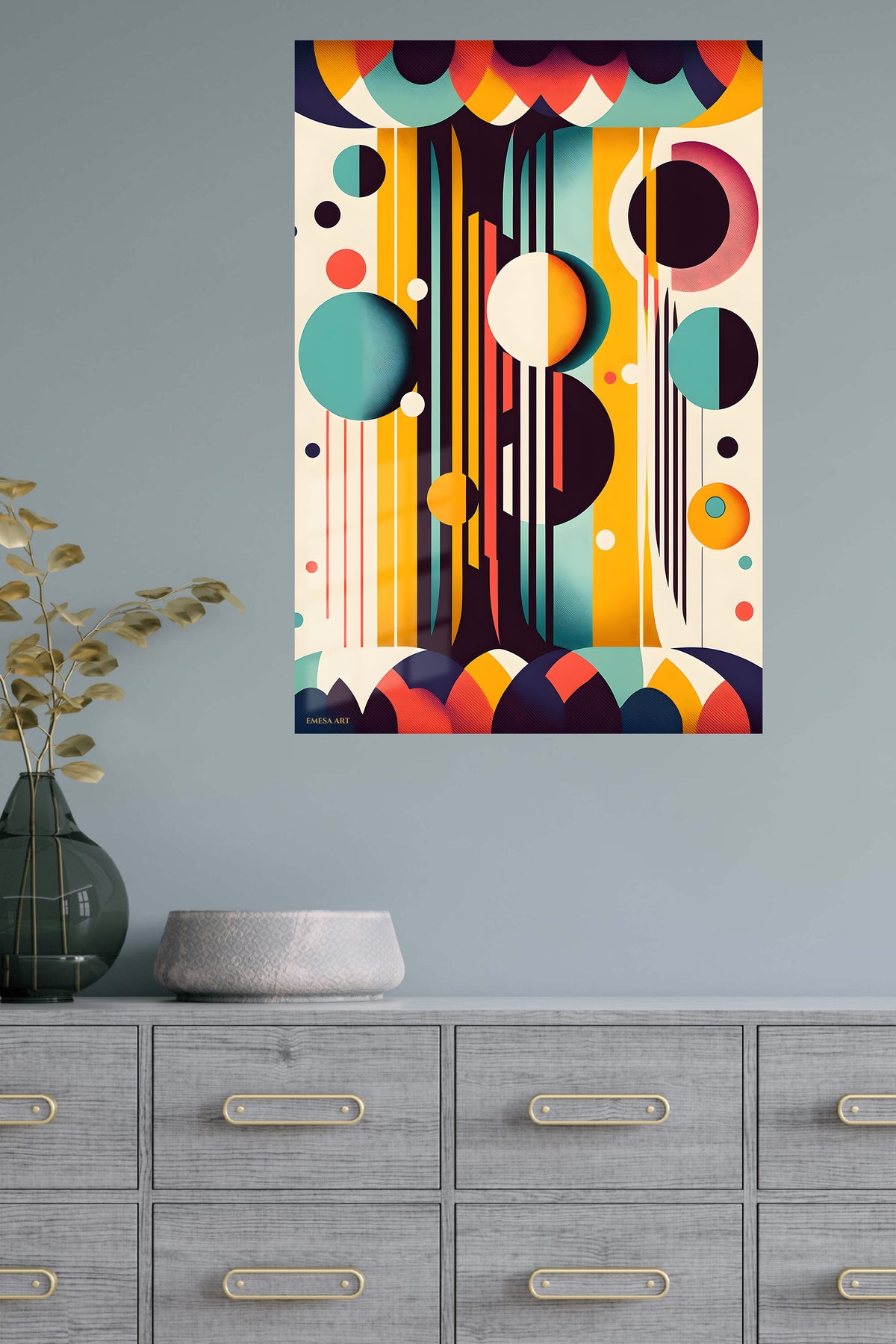 Ochre Axis metal wall art displayed in a modern interior
