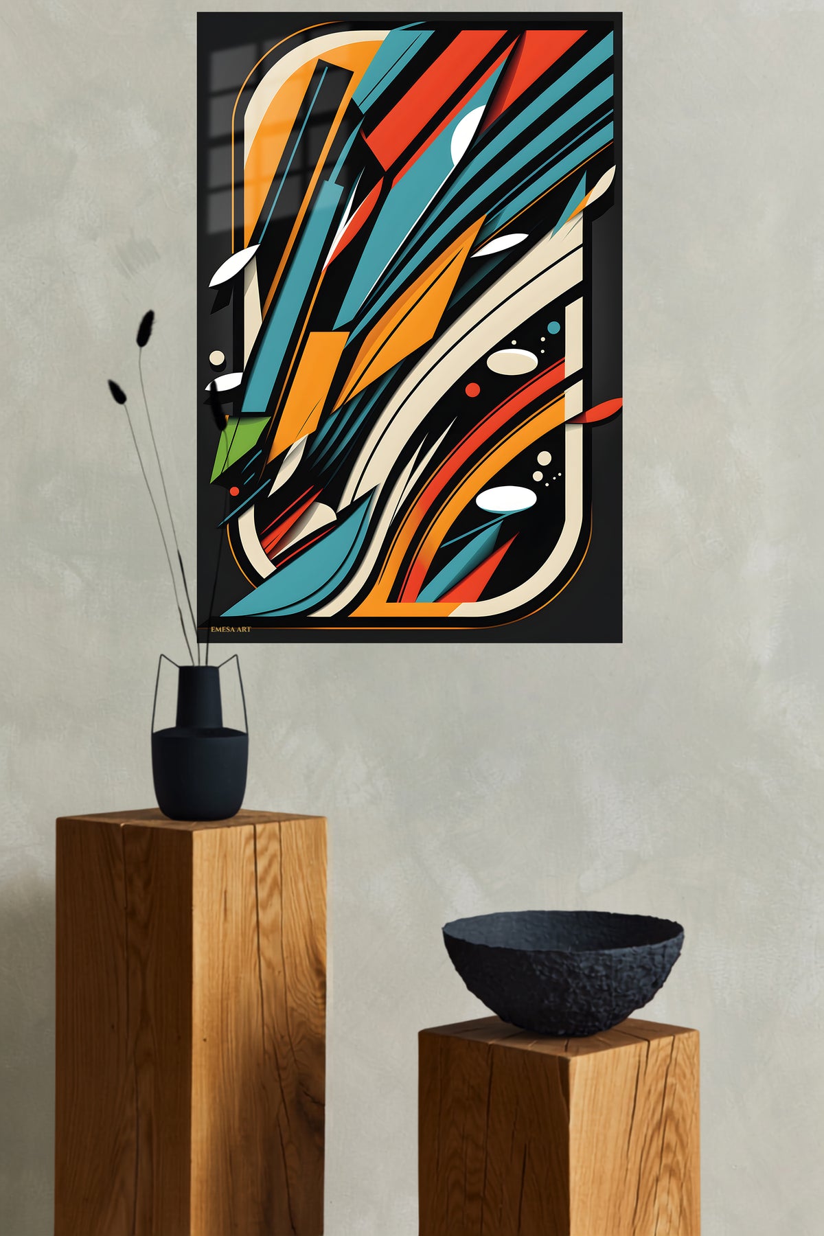 Golden Geometry in Relief metal wall art displayed in a modern interior