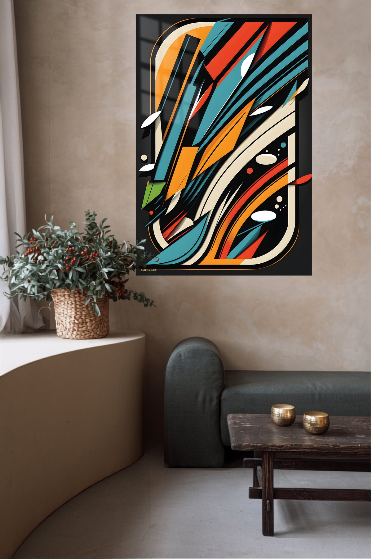 Golden Geometry in Relief metal wall art displayed in a contemporary living space
