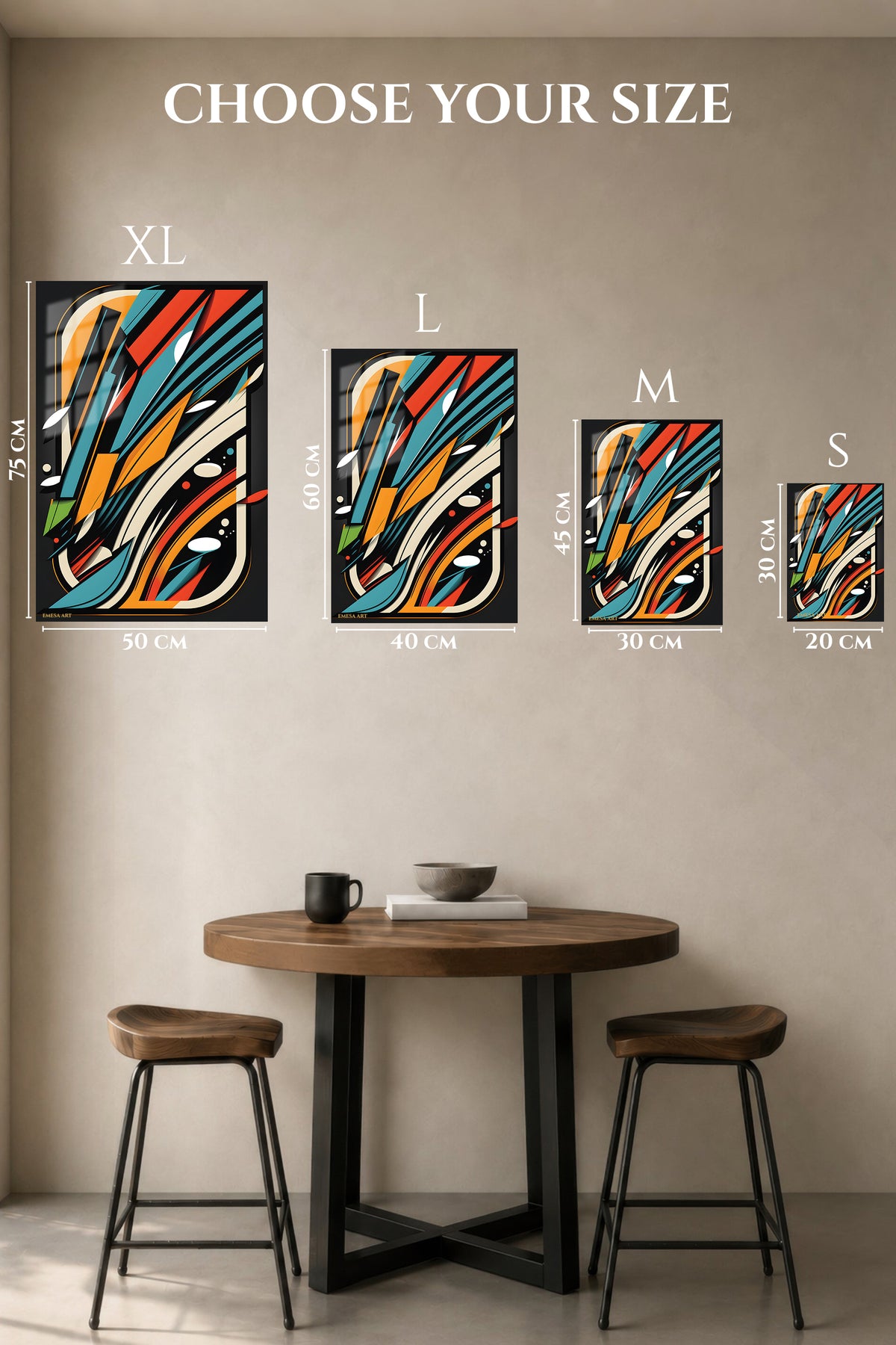 EMESA metal wall art size comparison guide for Golden Geometry in Relief