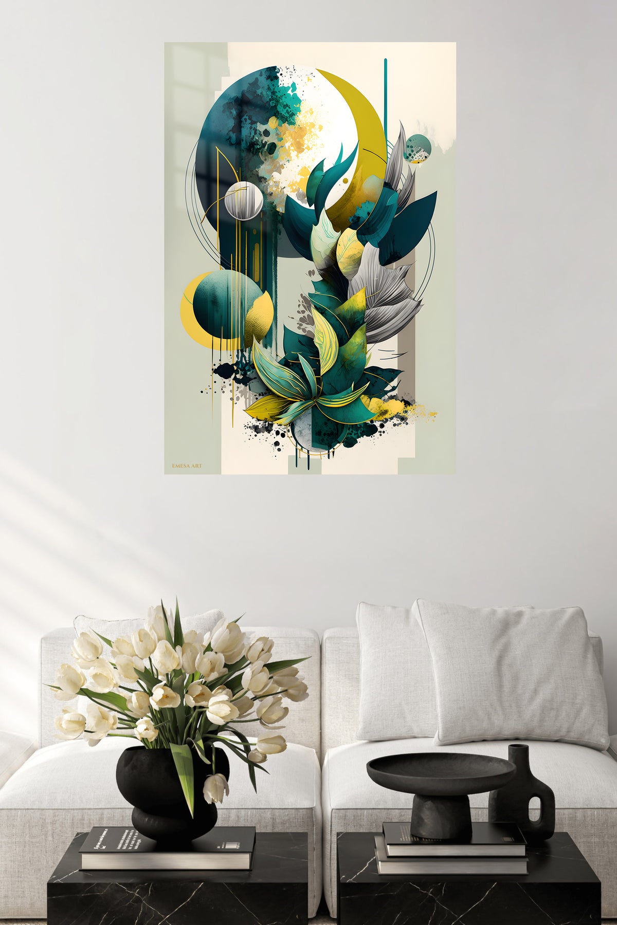 Gilded Violet Geometry metal wall art displayed in a contemporary living space