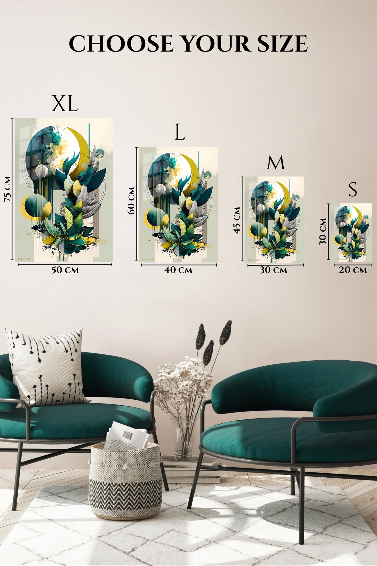 EMESA metal wall art size comparison guide for Gilded Violet Geometry