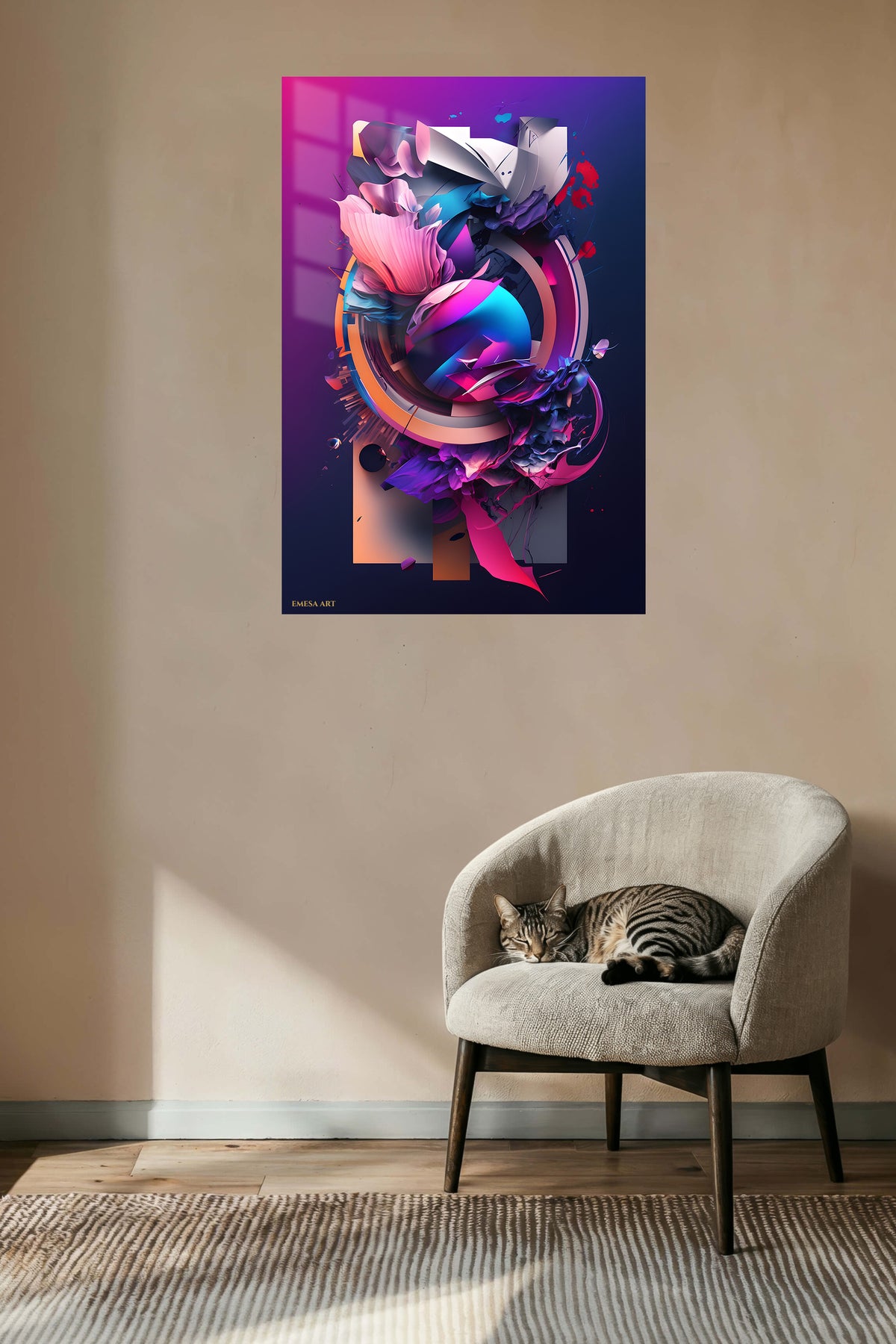 Radiant Eclipse Burst metal wall art displayed in a contemporary living space