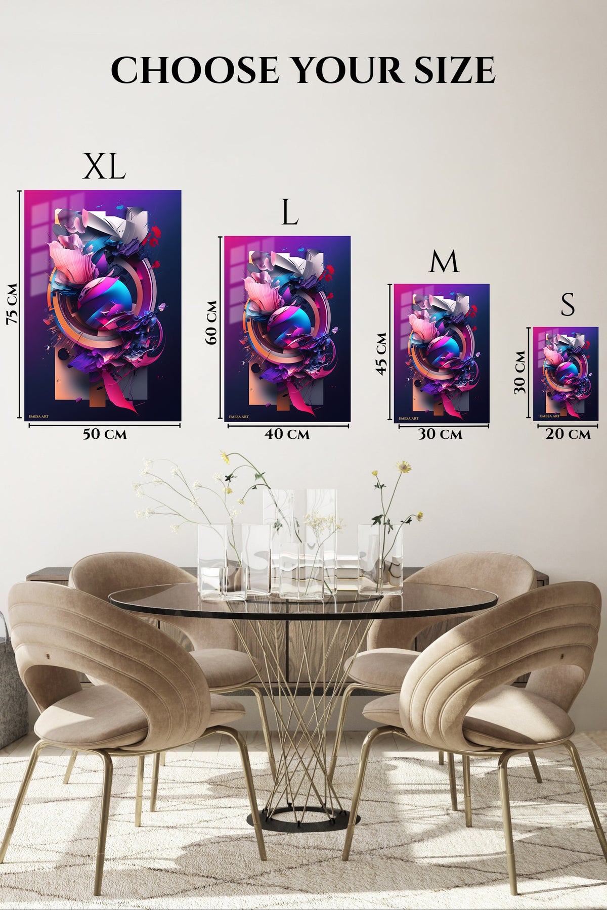 EMESA metal wall art size comparison guide for Radiant Eclipse Burst