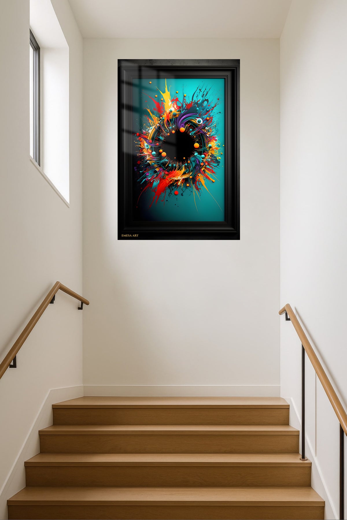 Ochre and Ink Vertical Composition metal wall art displayed in a contemporary living space