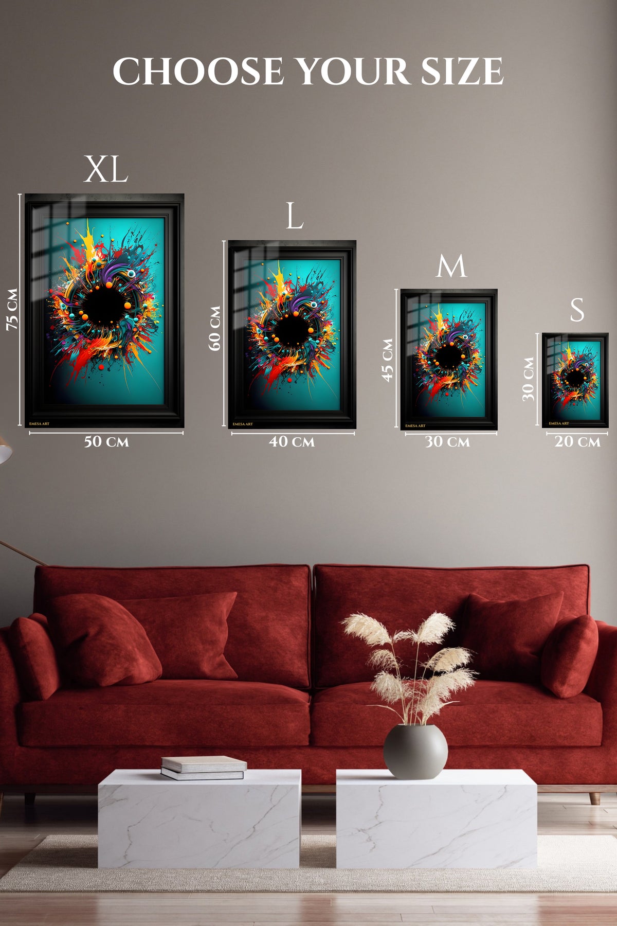 EMESA metal wall art size comparison guide for Ochre and Ink Vertical Composition