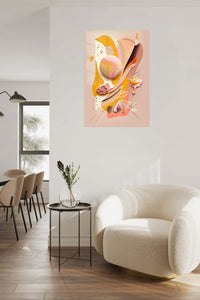 Teal Geometry with Coral Arcs metal wall art displayed in a contemporary living space