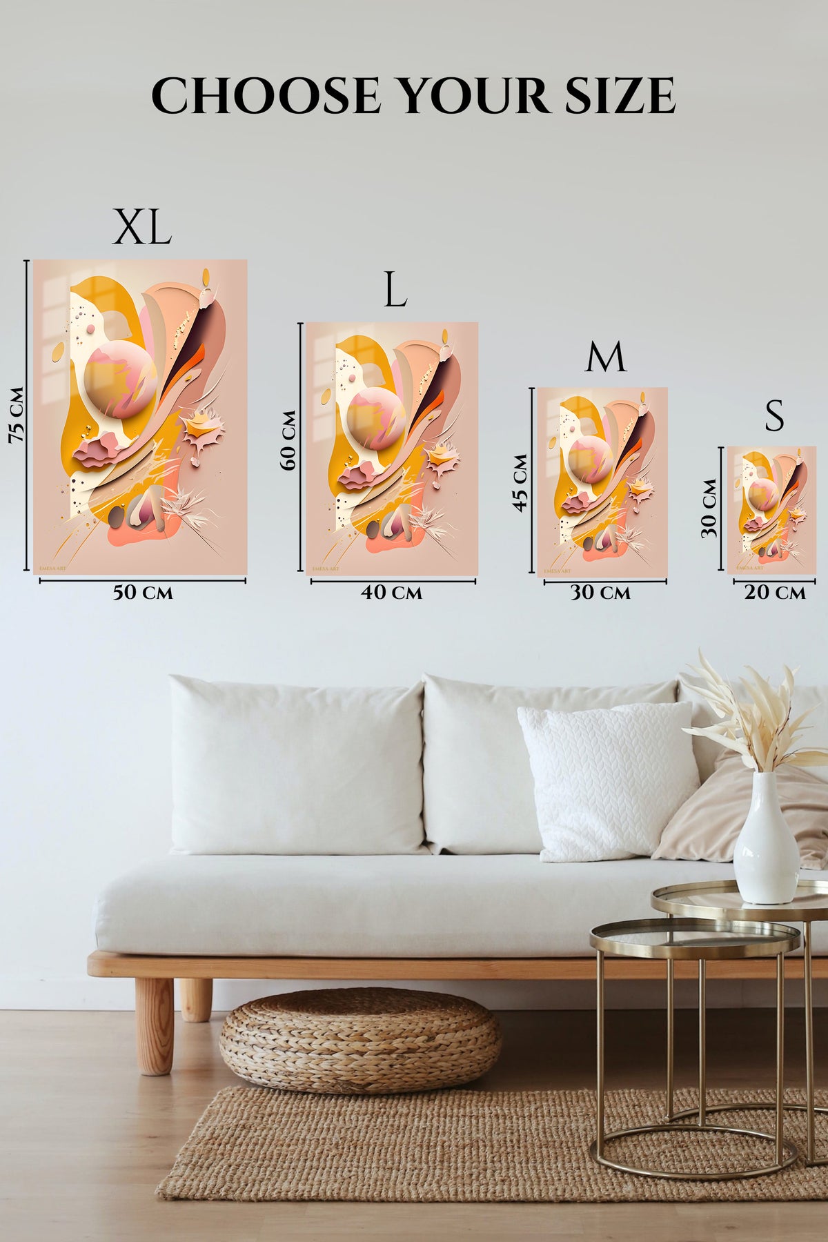 EMESA metal wall art size comparison guide for Teal Geometry with Coral Arcs