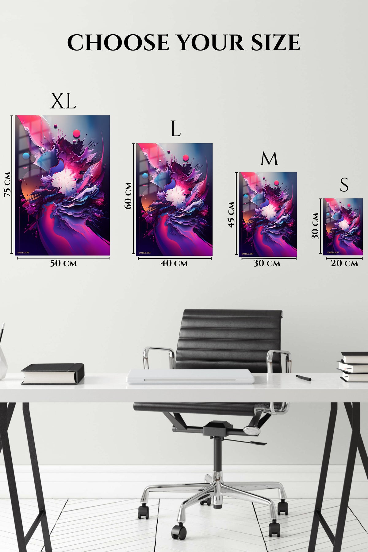 EMESA metal wall art size comparison guide for Monochrome Orbital Geometry