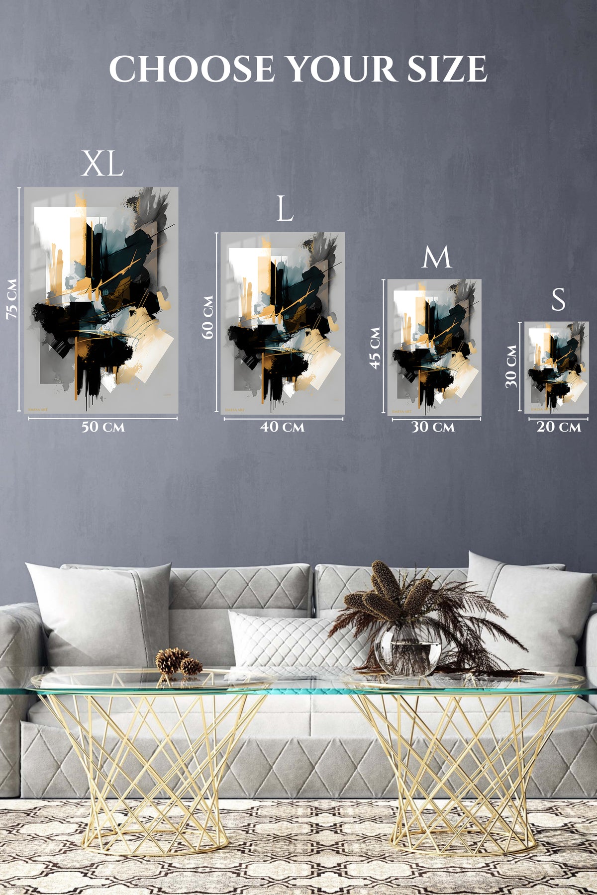 EMESA metal wall art size comparison guide for Orbit Burst Abstract
