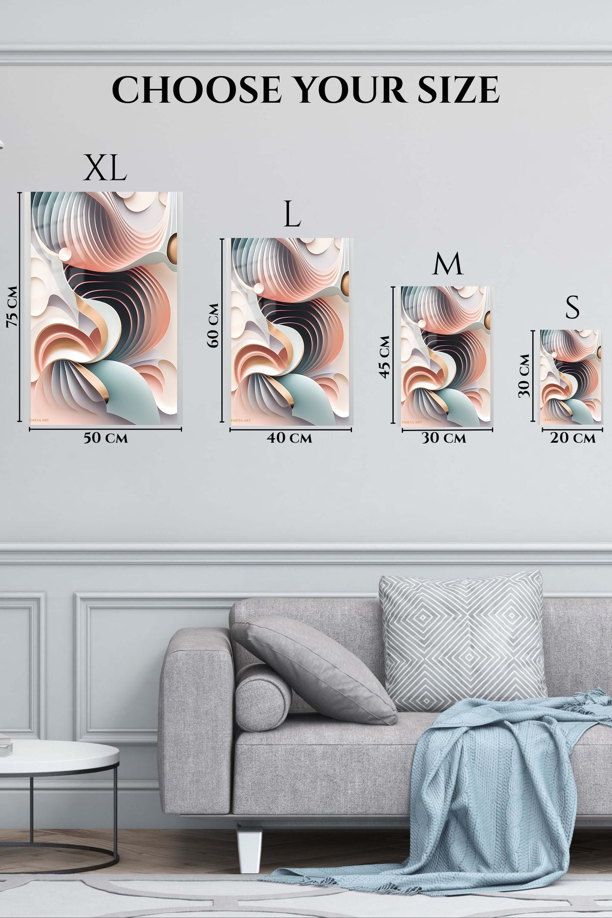 EMESA metal wall art size comparison guide for Chromatic Mountain Realm